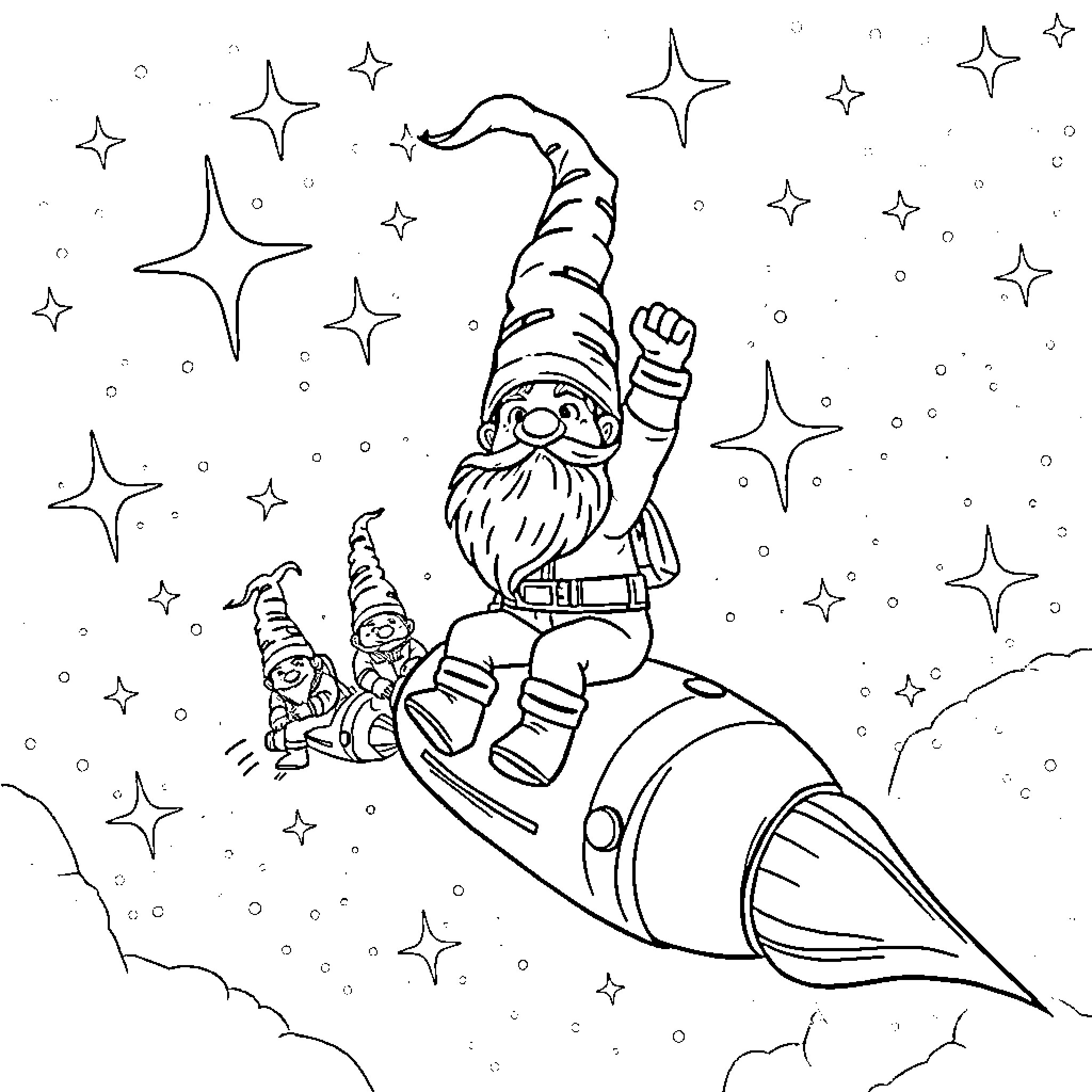 Gnome riding rocket through starry night sky Coloring Page (free black-and-white line drawing printable PDF for all, from beginners to advanced learners, including children, teens, adults, and seniors)