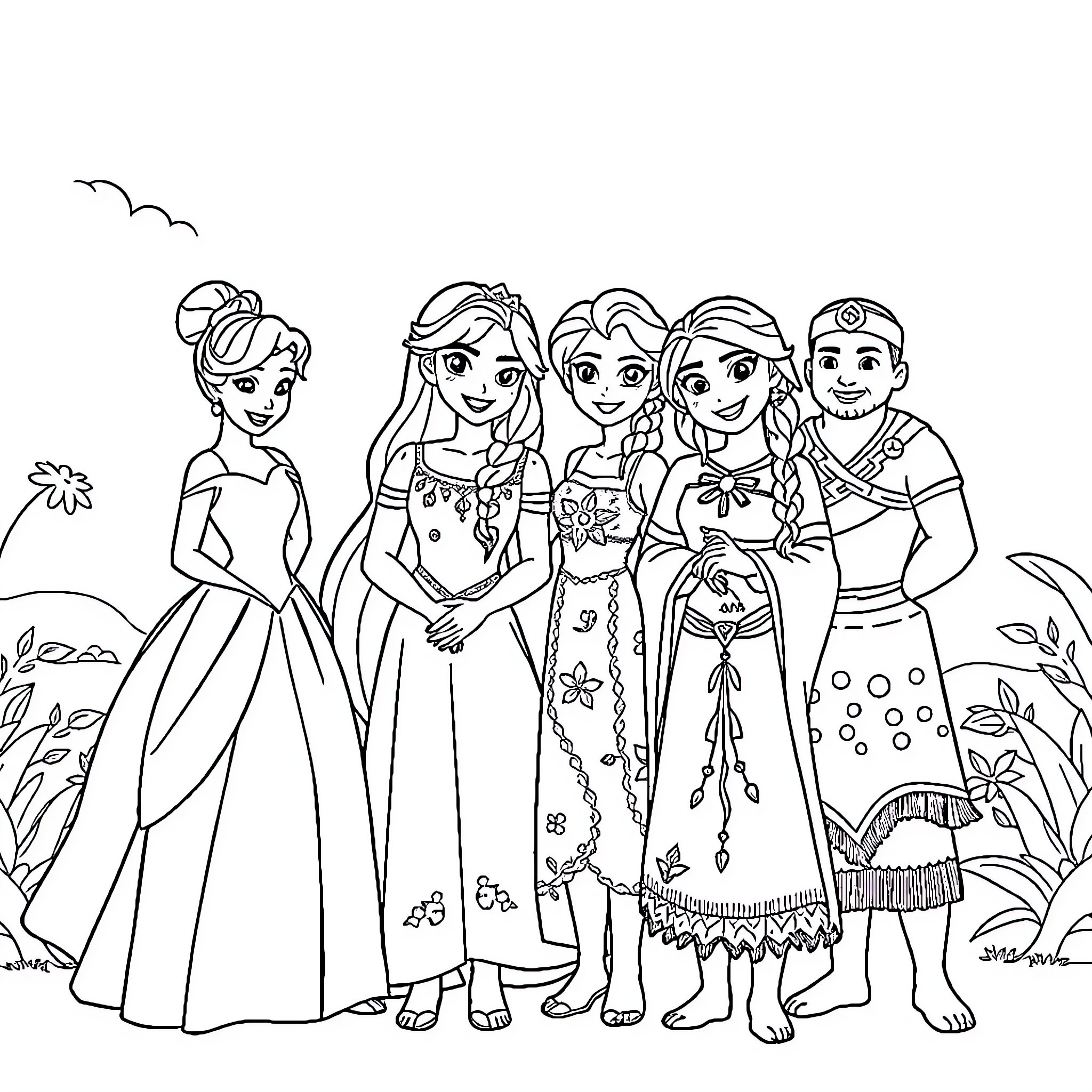 Princess friends gather for a celebration Coloring Page (free black-and-white line drawing printable PDF for all, from beginners to advanced learners, including children, teens, adults, and seniors)