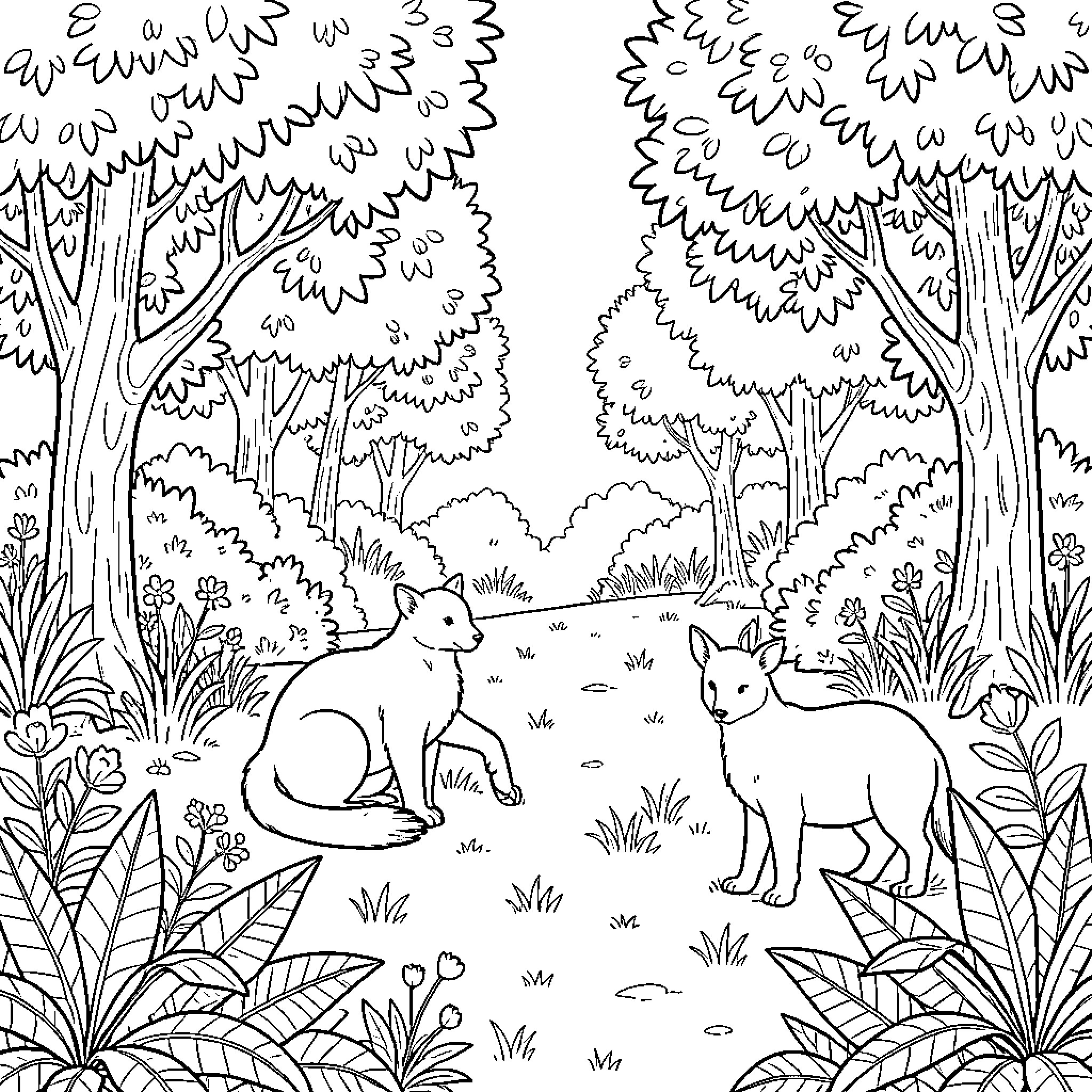 Nature scene with foxes wandering through a forest Coloring Page (free black-and-white line drawing printable PDF for all, from beginners to advanced learners, including children, teens, adults, and seniors)