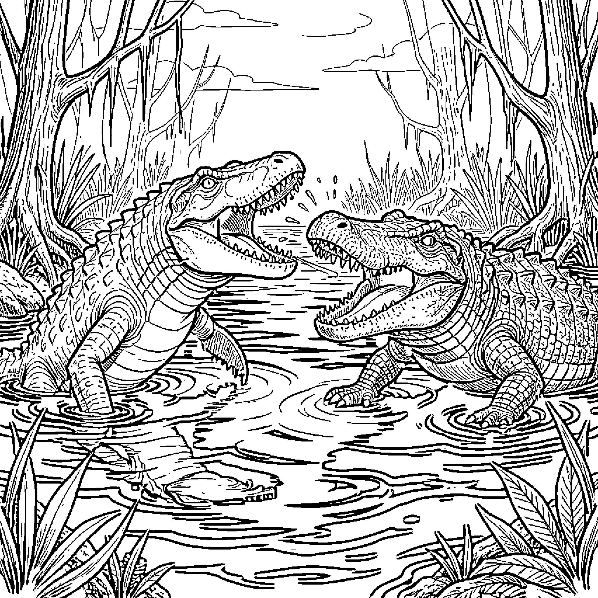 Mosasaurus battle in the swampy lagoon Coloring Page (free black-and-white line drawing printable PDF for all, from beginners to advanced learners, including children, teens, adults, and seniors)