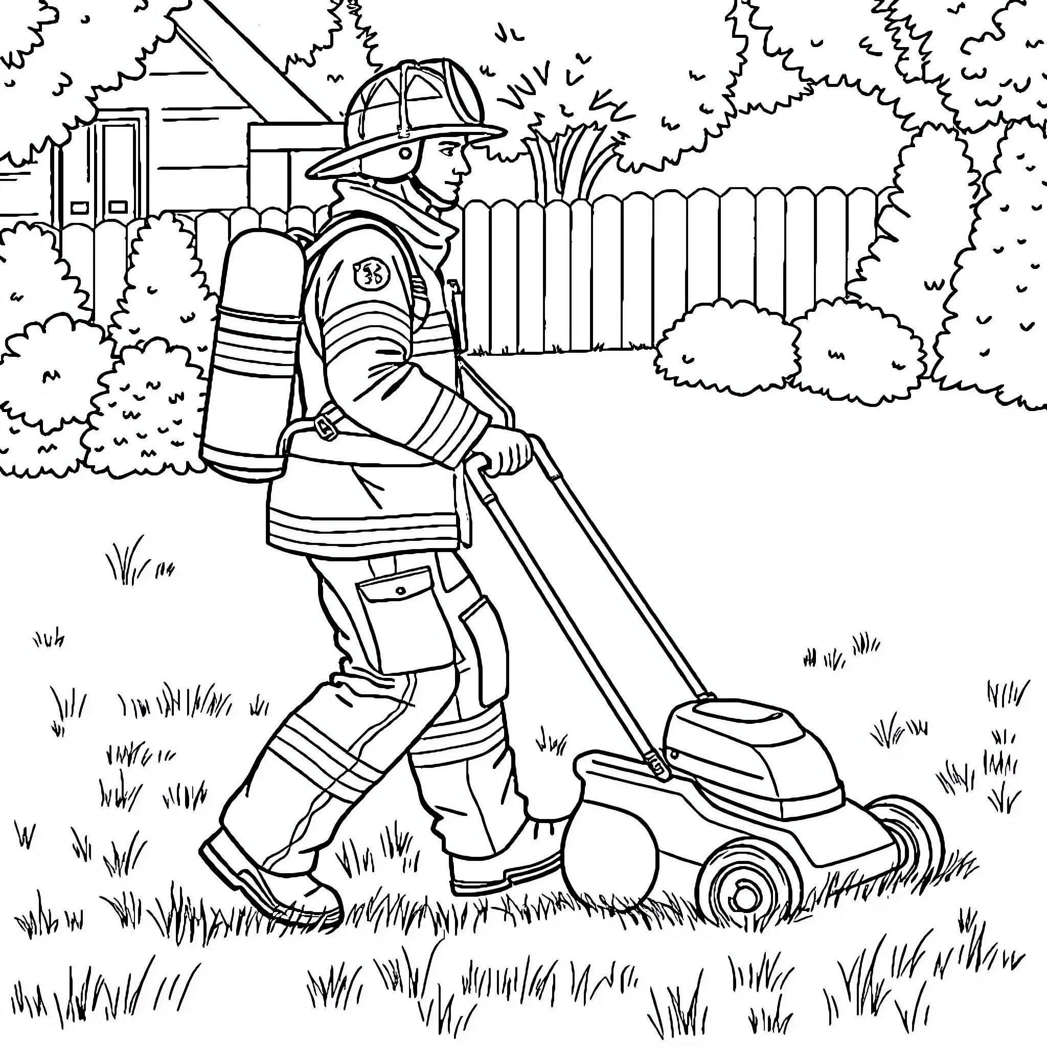Fireman mowing the lawn in a backyard Coloring Page (free black-and-white line drawing printable PDF for all, from beginners to advanced learners, including children, teens, adults, and seniors)