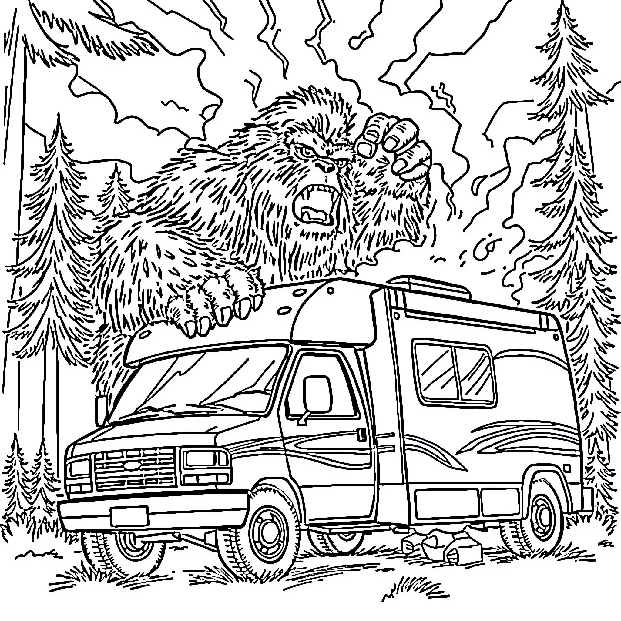 Bigfoot attacking the RV in the wilderness Coloring Page (free black-and-white line drawing printable PDF for all, from beginners to advanced learners, including children, teens, adults, and seniors)
