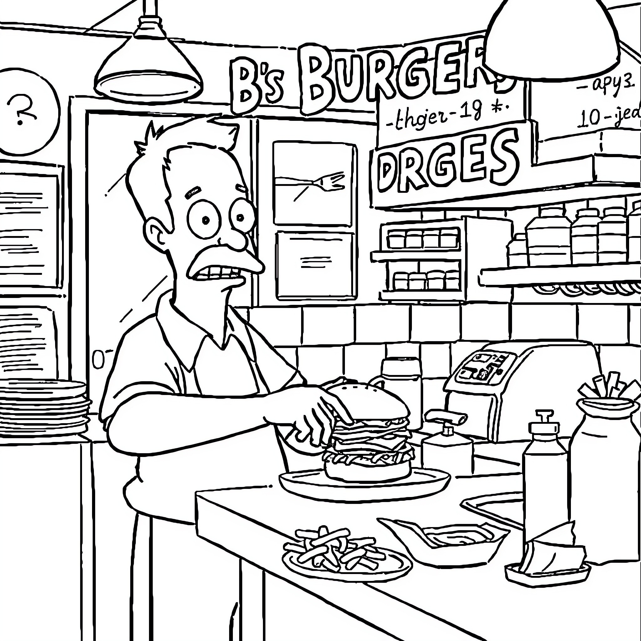 Bob's Burger Urge at the Diner Coloring Page (free black-and-white line drawing printable PDF for all, from beginners to advanced learners, including children, teens, adults, and seniors)