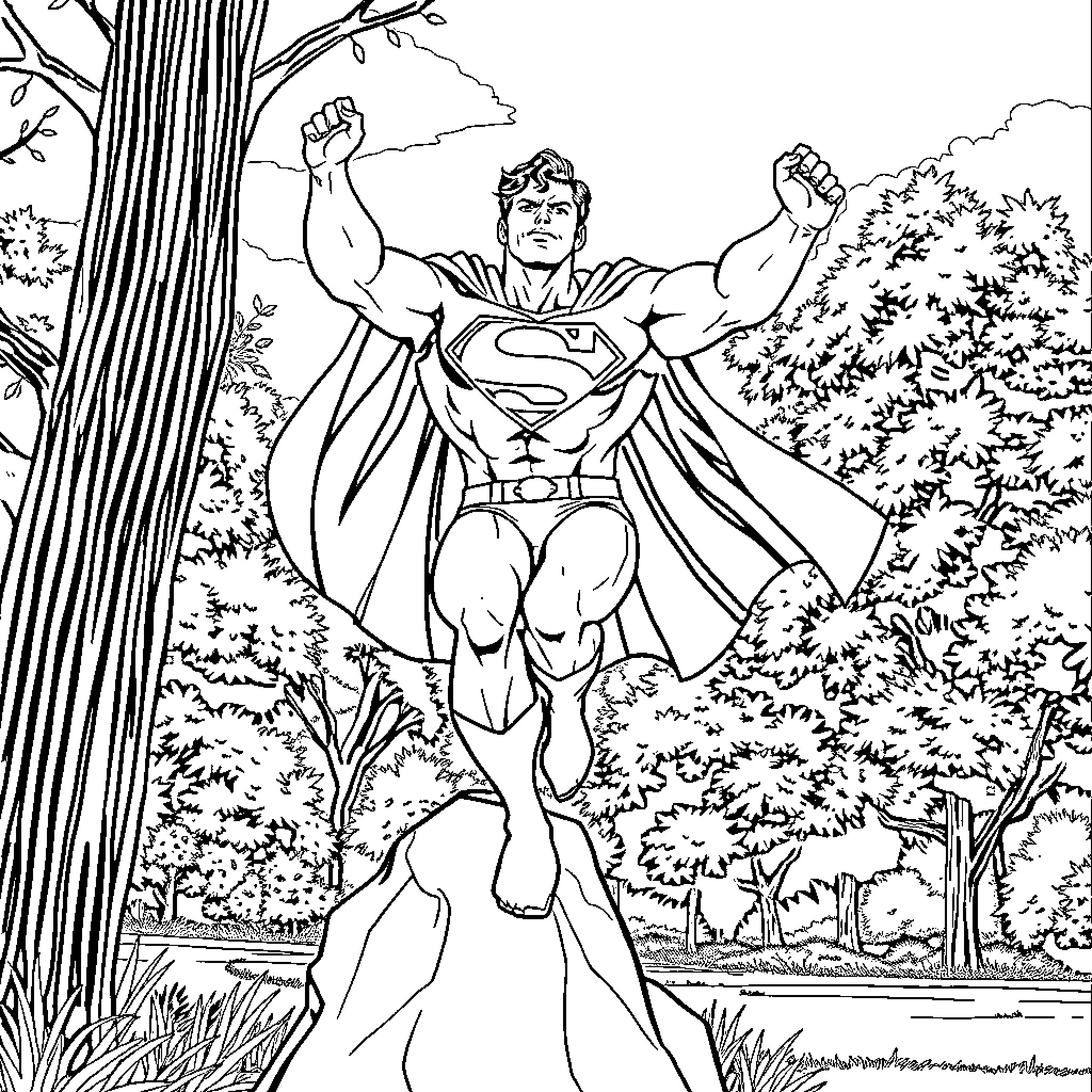 Superman standing heroically in nature Coloring Page (free black-and-white line drawing printable PDF for all, from beginners to advanced learners, including children, teens, adults, and seniors)
