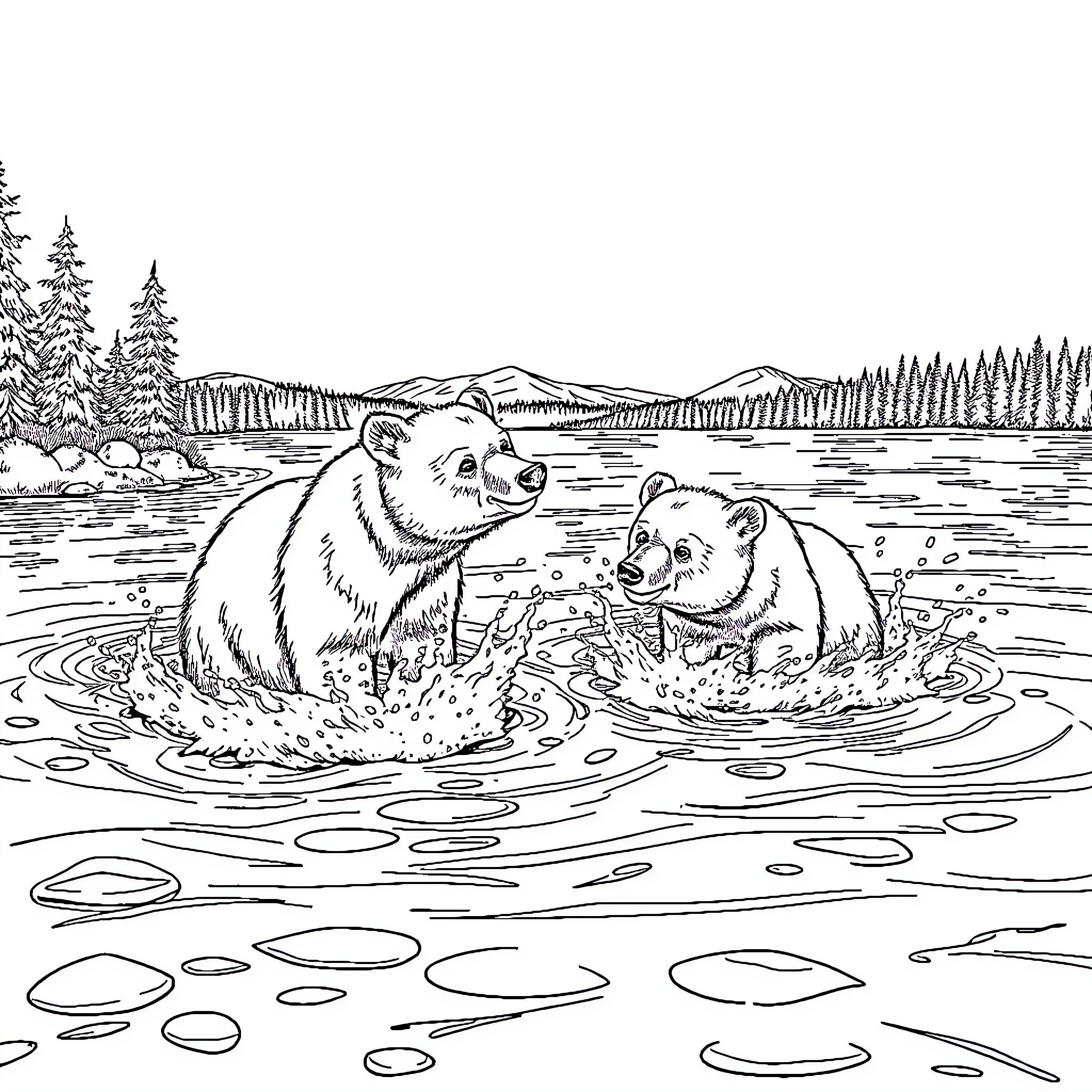Bears playing in a peaceful lake landscape Coloring Page (free black-and-white line drawing printable PDF for all, from beginners to advanced learners, including children, teens, adults, and seniors)
