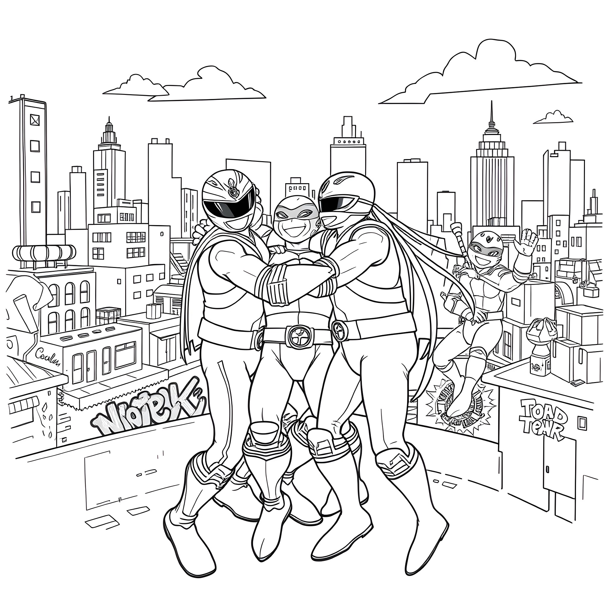 Power Rangers Pose Heroically in City Skyline Coloring Page (free black-and-white line drawing printable PDF for all, from beginners to advanced learners, including children, teens, adults, and seniors)