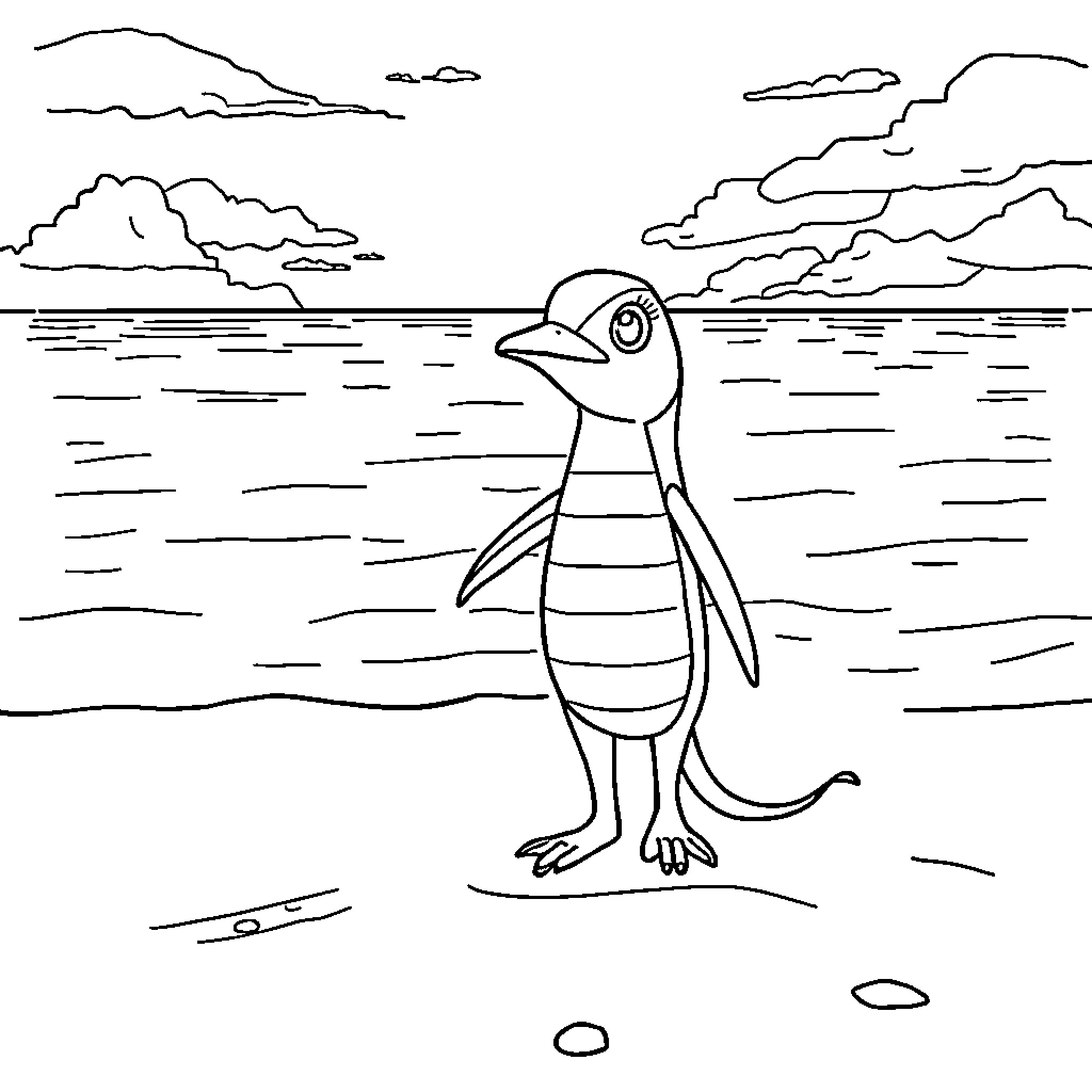 Ruto the Penguin Exploring the Seashore Coloring Page (free black-and-white line drawing printable PDF for all, from beginners to advanced learners, including children, teens, adults, and seniors)