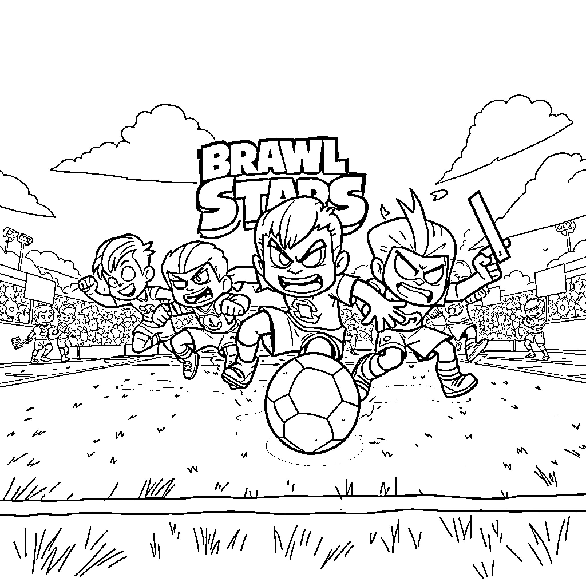 Brawl Stars: Lively Characters in Action on the Field Coloring Page (free black-and-white line drawing printable PDF for all, from beginners to advanced learners, including children, teens, adults, and seniors)