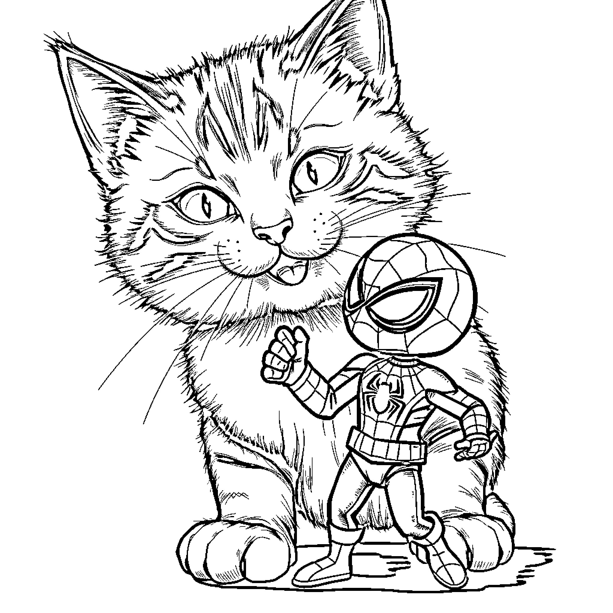 Cat with a Tiny Superhero Figurine Coloring Page (free black-and-white line drawing printable PDF for all, from beginners to advanced learners, including children, teens, adults, and seniors)