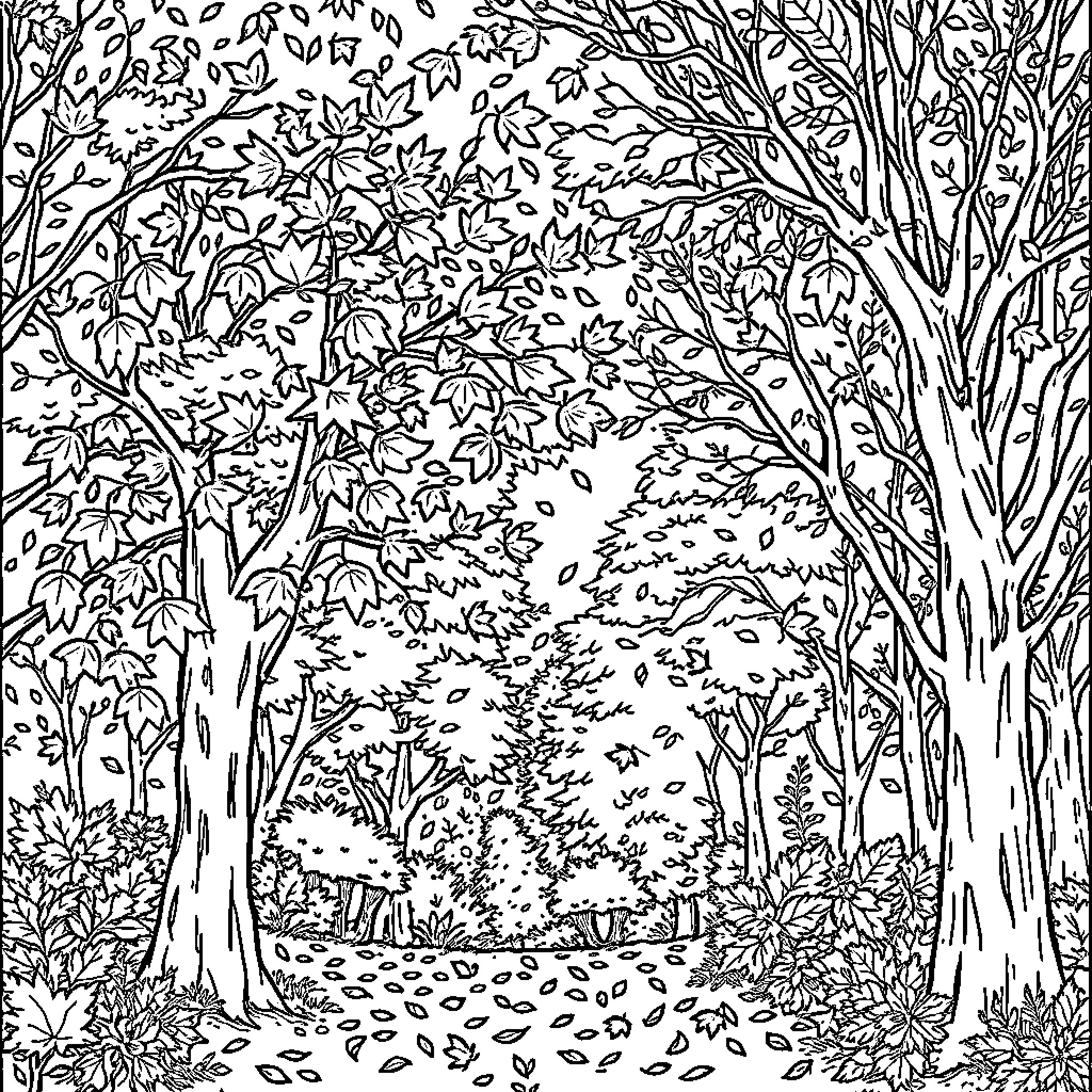Autumn Foliage Enchanted Forest Pathway Coloring Page (free black-and-white line drawing printable PDF for all, from beginners to advanced learners, including children, teens, adults, and seniors)