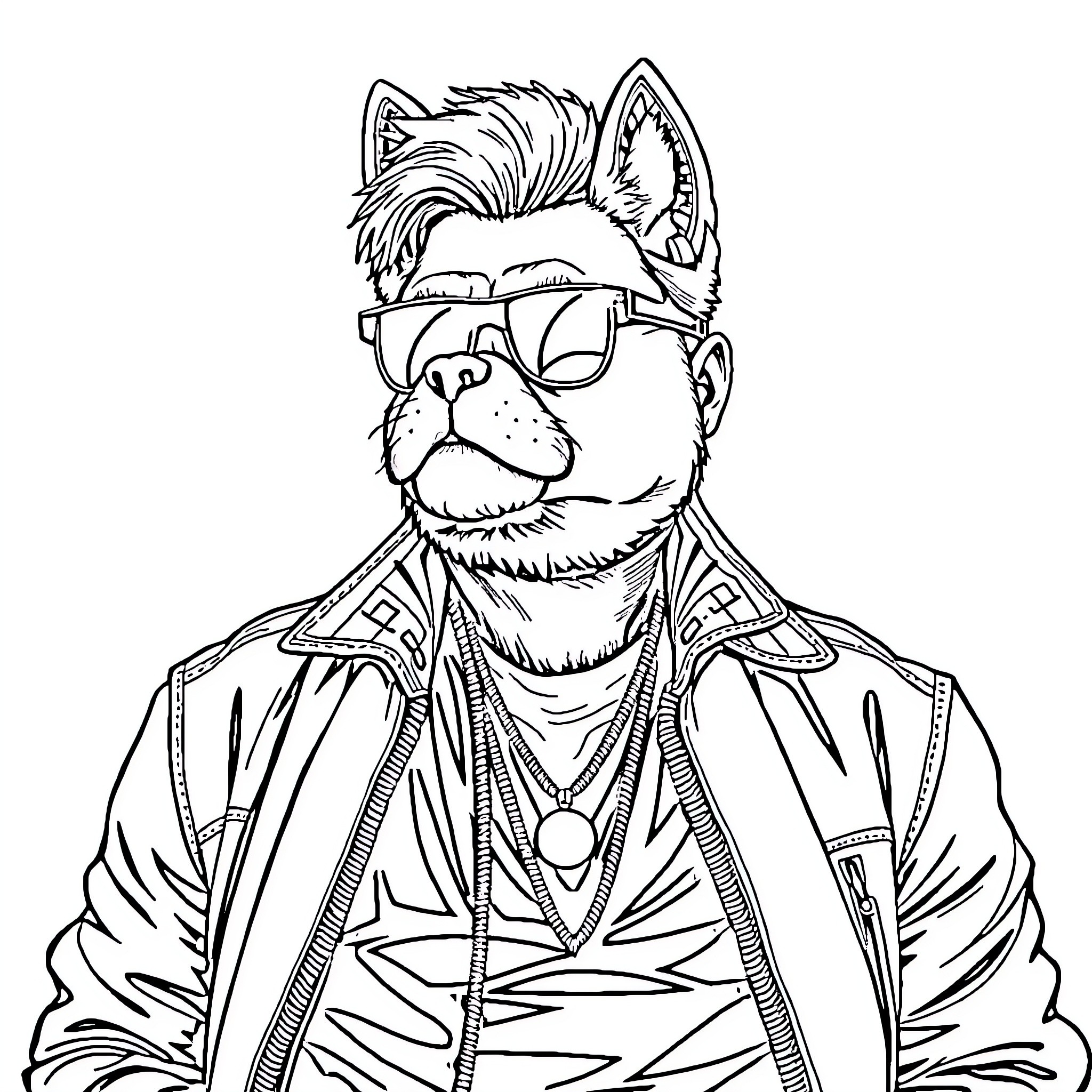 Rumi the Cool Cat in Stylish Outfit Coloring Page (free black-and-white line drawing printable PDF for all, from beginners to advanced learners, including children, teens, adults, and seniors)