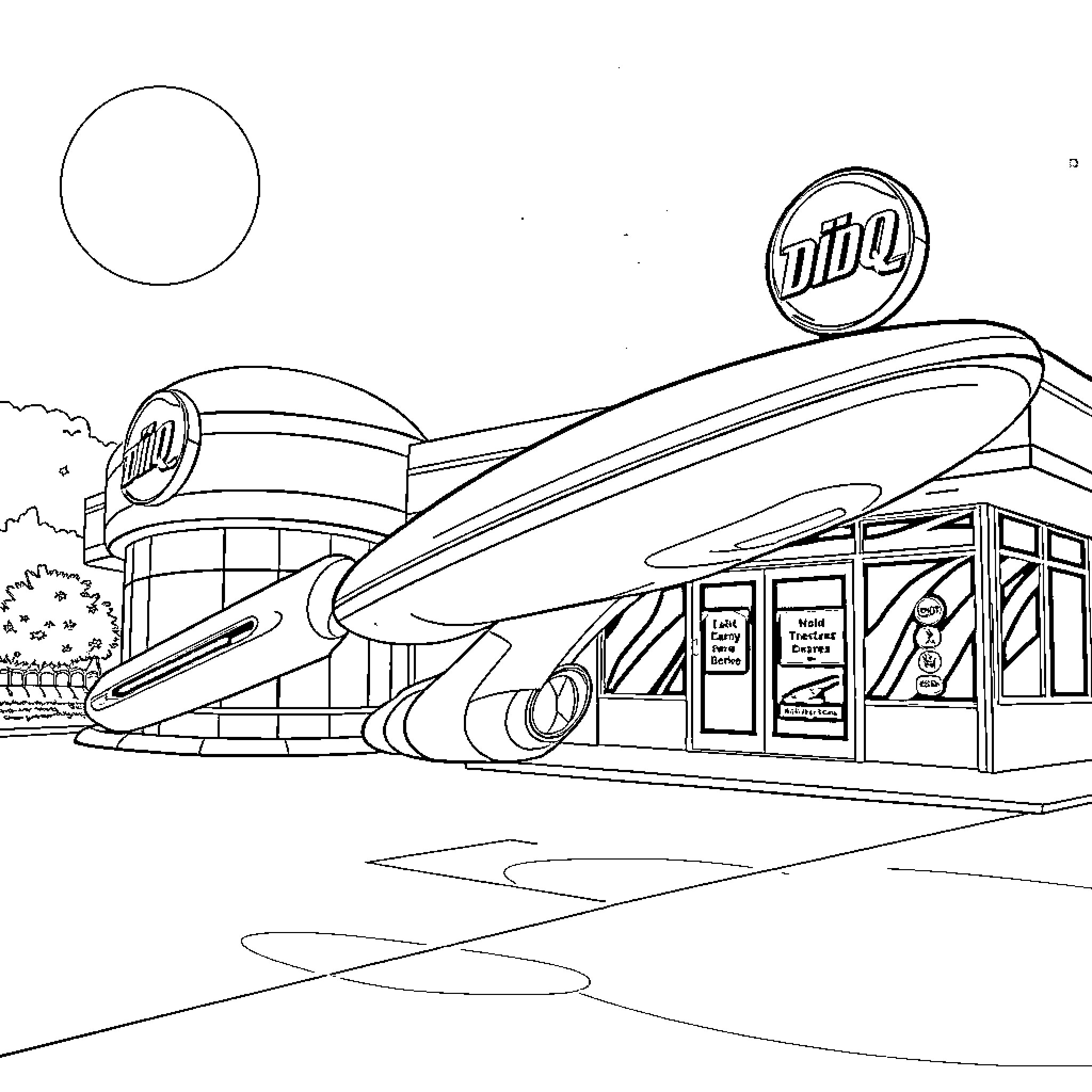 Starship-themed diner with futuristic architecture Coloring Page (free black-and-white line drawing printable PDF for all, from beginners to advanced learners, including children, teens, adults, and seniors)