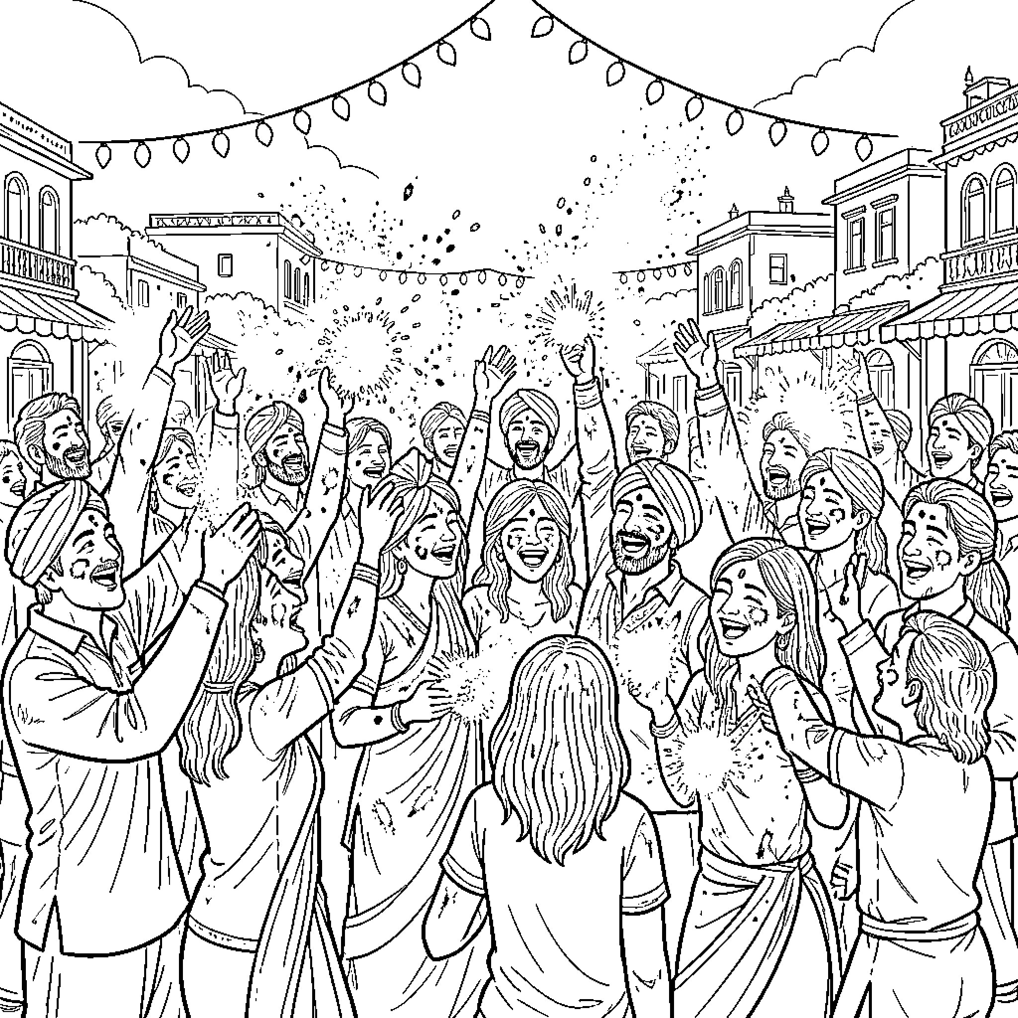 Holi Festival Celebrations with Joyful Expressions Coloring Page (free black-and-white line drawing printable PDF for all, from beginners to advanced learners, including children, teens, adults, and seniors)