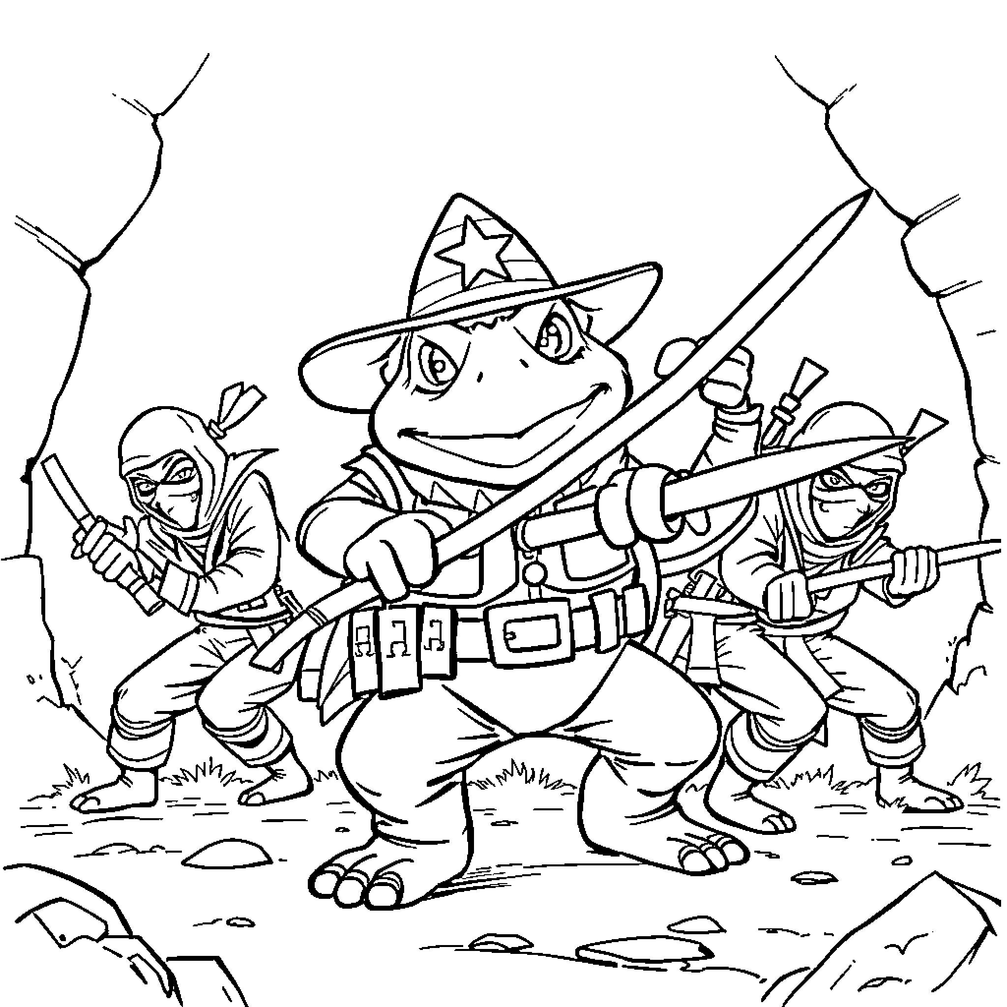 Toad Soldier Leading a Tactical Assault Coloring Page (free black-and-white line drawing printable PDF for all, from beginners to advanced learners, including children, teens, adults, and seniors)
