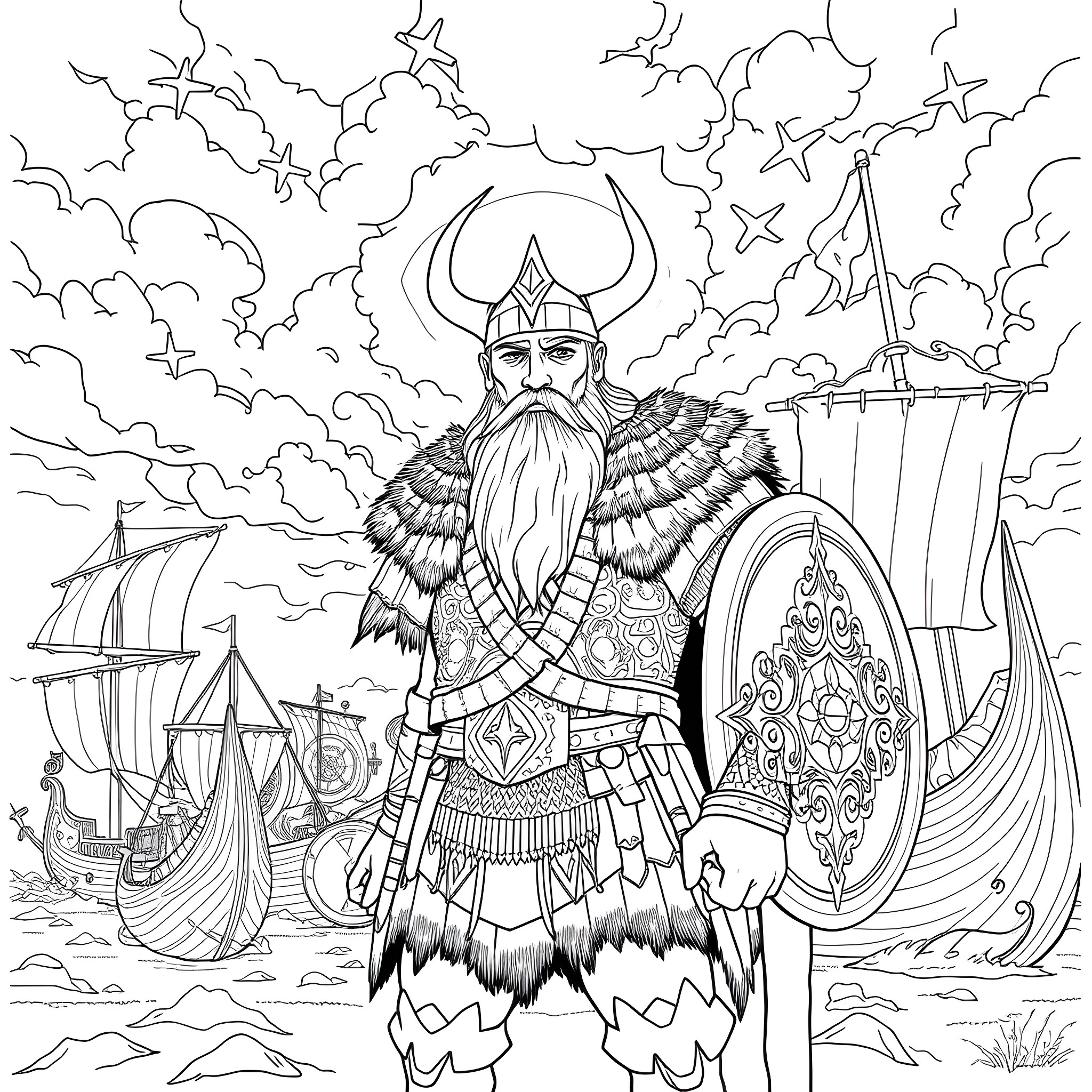 Viking warrior standing amidst a stormy sea with ships Coloring Page (free black-and-white line drawing printable PDF for all, from beginners to advanced learners, including children, teens, adults, and seniors)