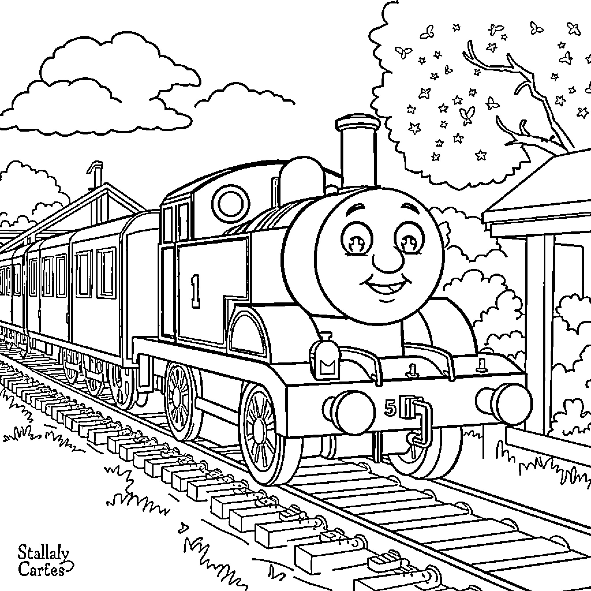 Thomas the Tank Engine exploring the countryside Coloring Page (free black-and-white line drawing printable PDF for all, from beginners to advanced learners, including children, teens, adults, and seniors)