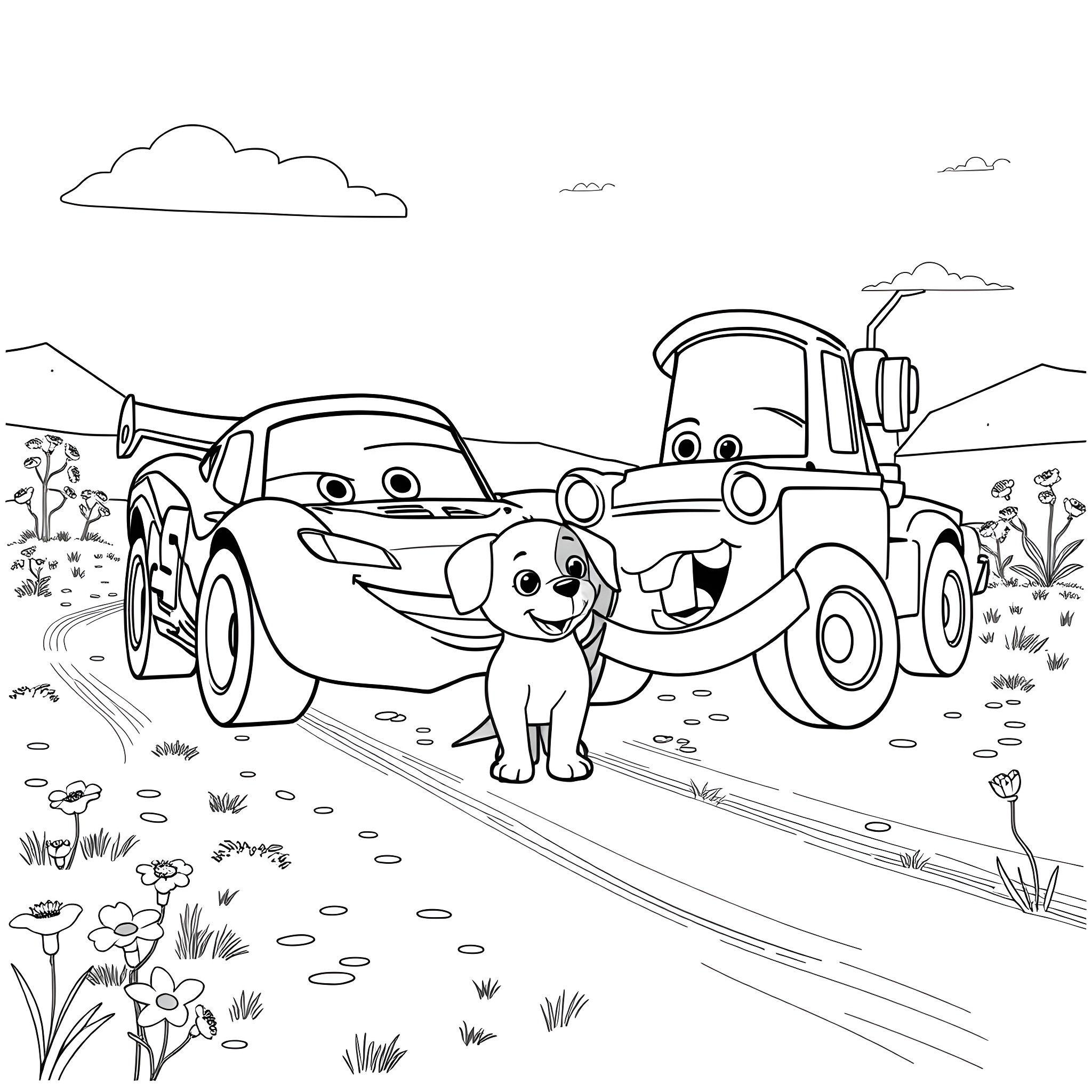 Lightning McQueen and Mater in a countryside scene Coloring Page (free black-and-white line drawing printable PDF for all, from beginners to advanced learners, including children, teens, adults, and seniors)