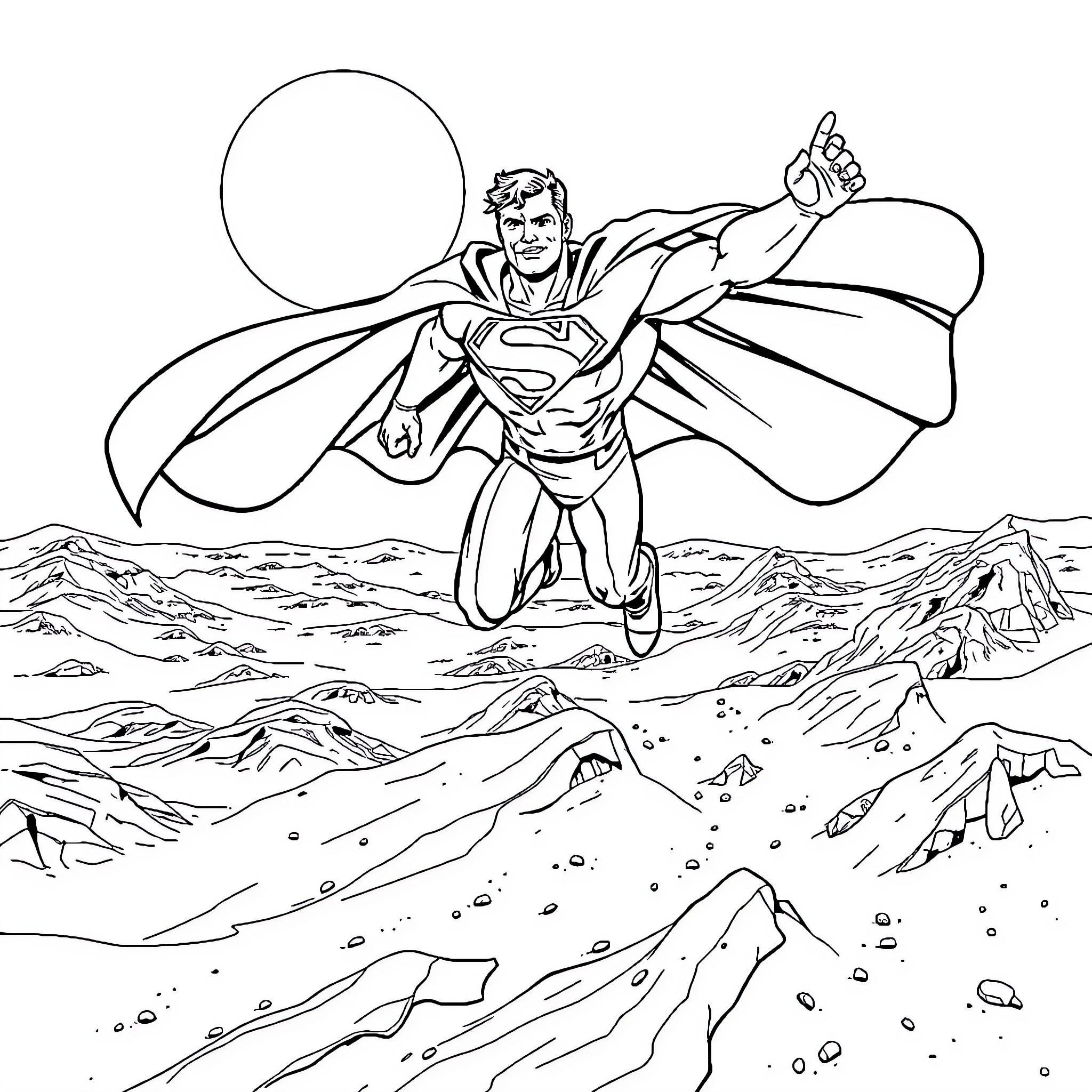 Superman soaring over rugged mountain landscape Coloring Page (free black-and-white line drawing printable PDF for all, from beginners to advanced learners, including children, teens, adults, and seniors)