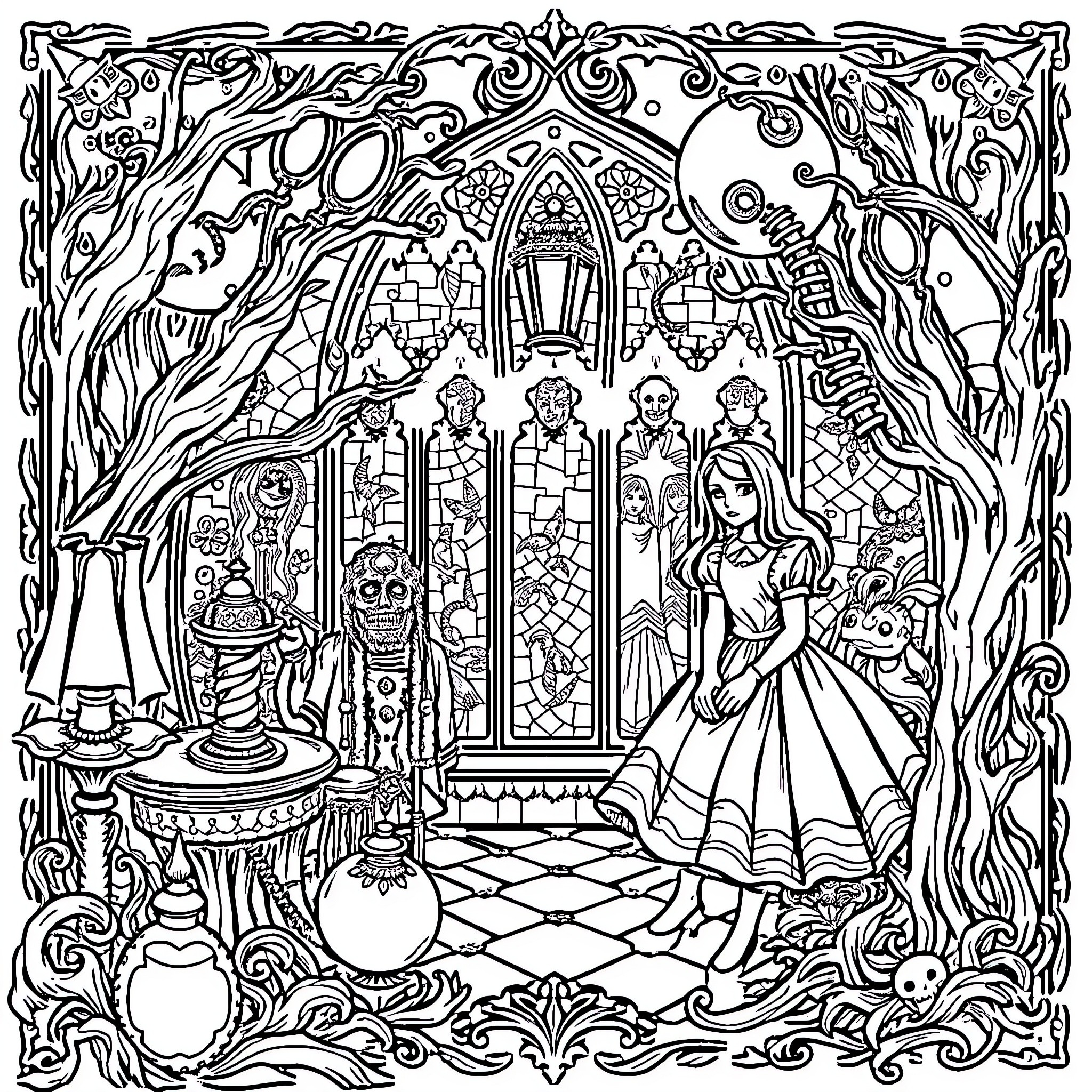 Alice's Enchanted Castle Adventure Coloring Page (free black-and-white line drawing printable PDF for all, from beginners to advanced learners, including children, teens, adults, and seniors)