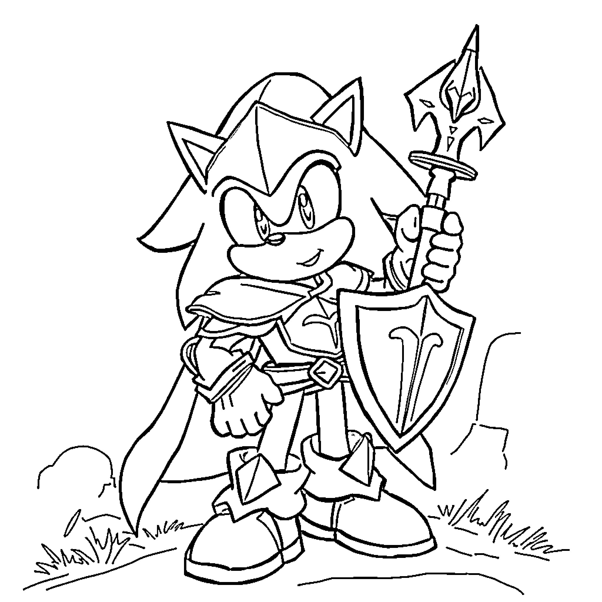 Sonic the Hedgehog in battle gear Coloring Page (free black-and-white line drawing printable PDF for all, from beginners to advanced learners, including children, teens, adults, and seniors)