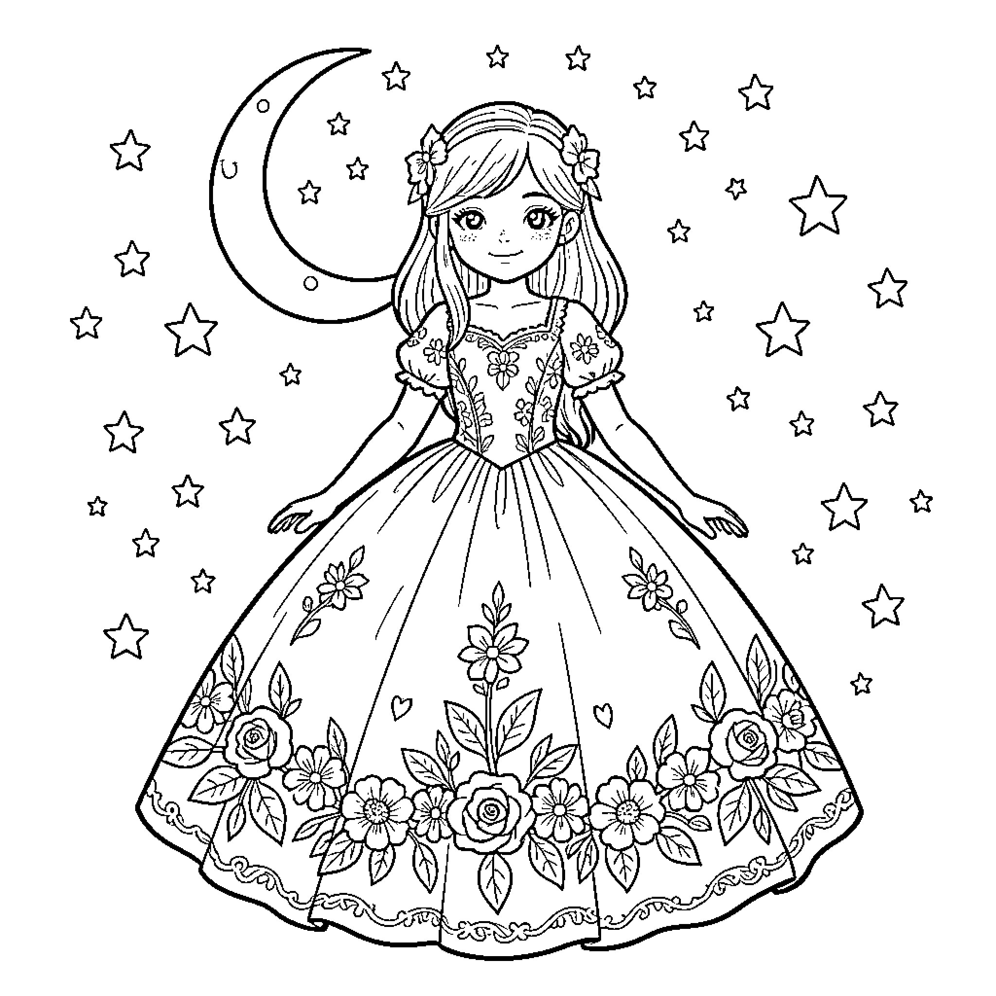 Licorne princess standing under a crescent moon and stars Coloring Page (free black-and-white line drawing printable PDF for all, from beginners to advanced learners, including children, teens, adults, and seniors)