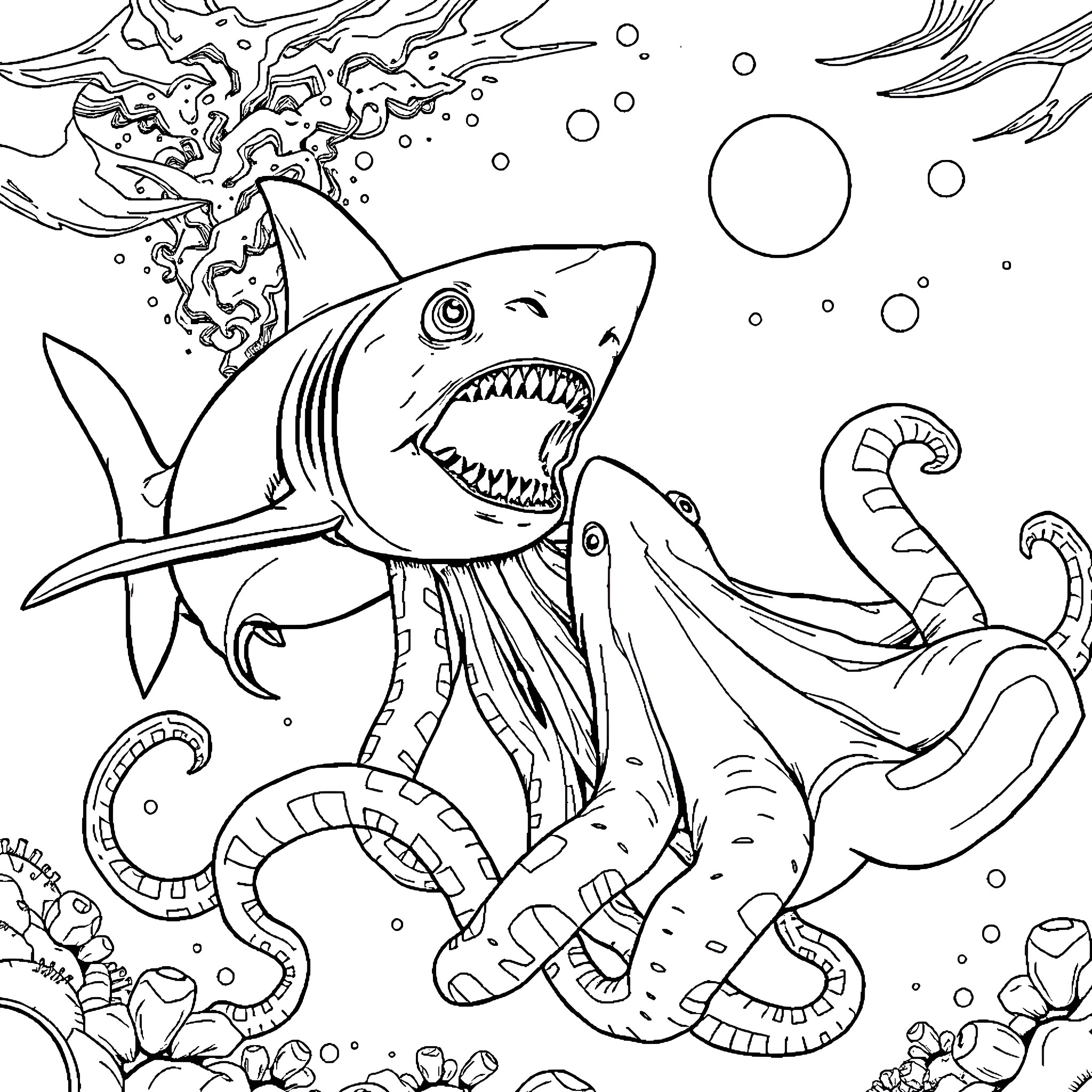 Shark hunting fearlessly in the ocean depths Coloring Page (free black-and-white line drawing printable PDF for all, from beginners to advanced learners, including children, teens, adults, and seniors)