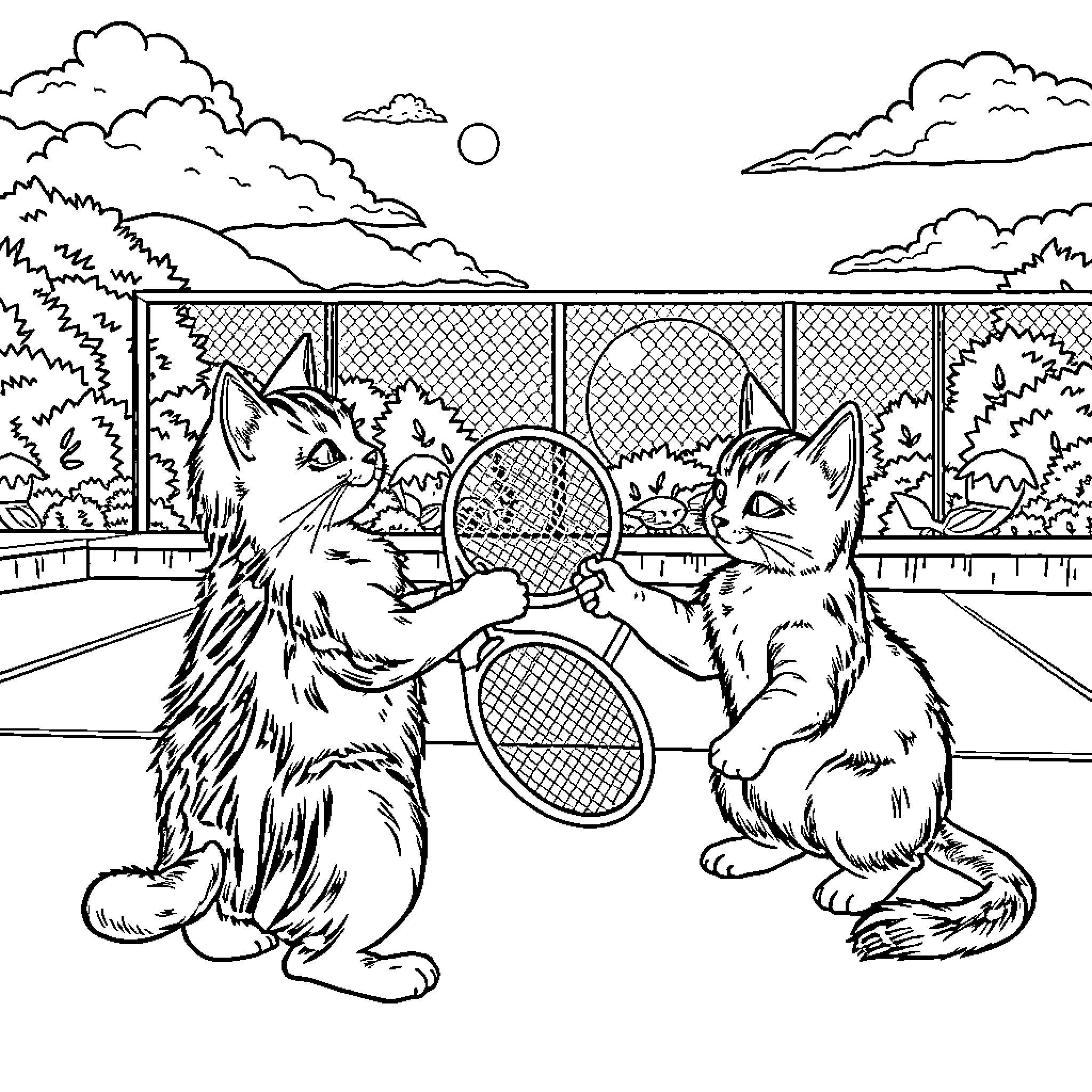 Unicorn Kittens Playing Tennis in the Park Coloring Page (free black-and-white line drawing printable PDF for all, from beginners to advanced learners, including children, teens, adults, and seniors)