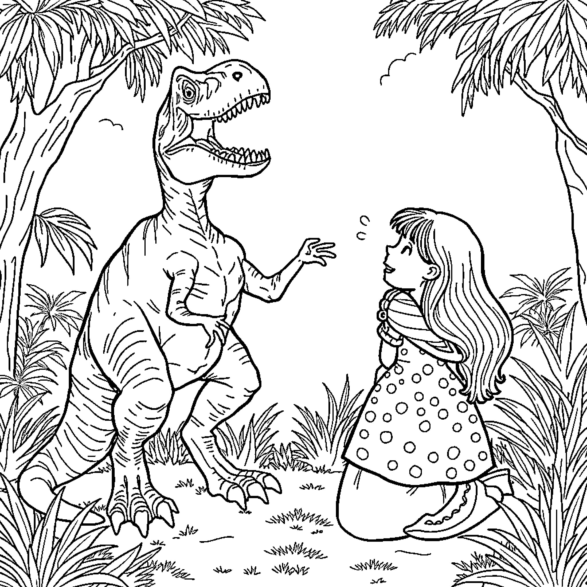 Velociraptor and young girl in jungle setting Coloring Page (free black-and-white line drawing printable PDF for all, from beginners to advanced learners, including children, teens, adults, and seniors)