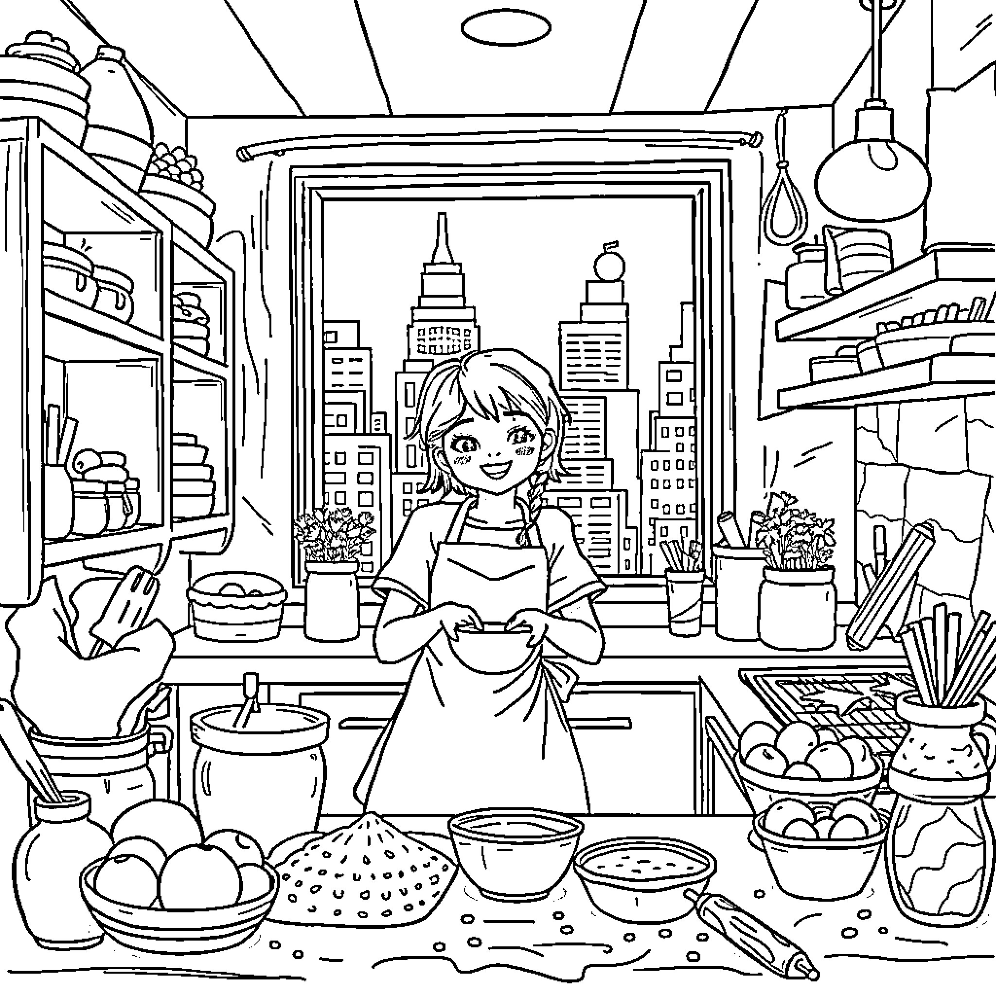 Girl cooking a meal in a cozy kitchen Coloring Page (free black-and-white line drawing printable PDF for all, from beginners to advanced learners, including children, teens, adults, and seniors)