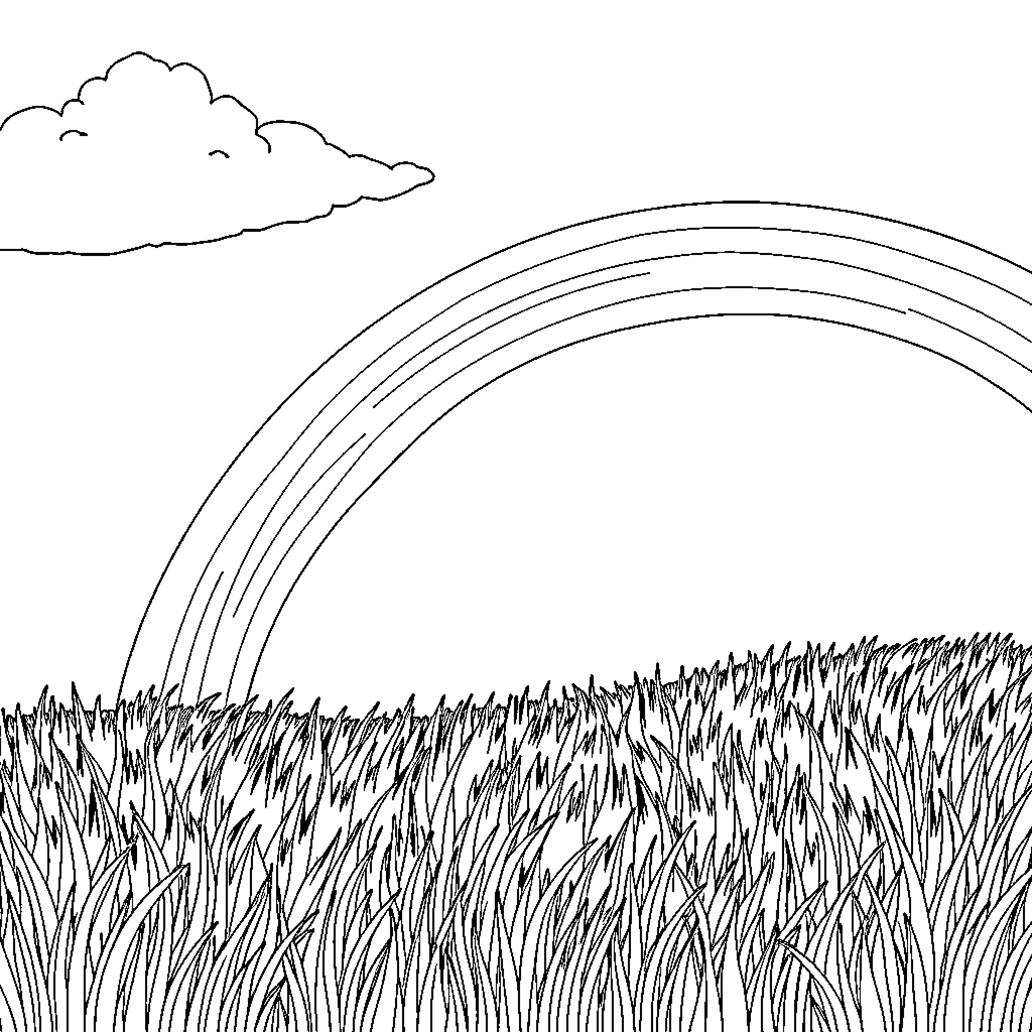 Rainbow Arches Over Grassy Field Coloring Page (free black-and-white line drawing printable PDF for all, from beginners to advanced learners, including children, teens, adults, and seniors)
