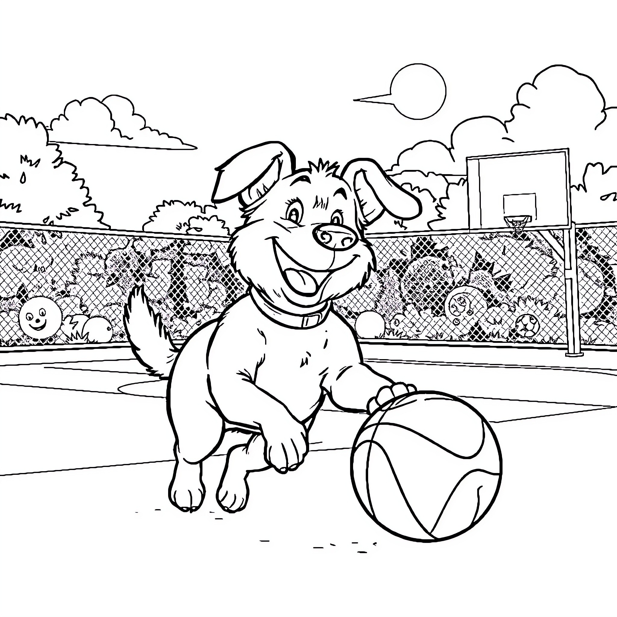 Dog playing with ball on basketball court Coloring Page (free black-and-white line drawing printable PDF for all, from beginners to advanced learners, including children, teens, adults, and seniors)