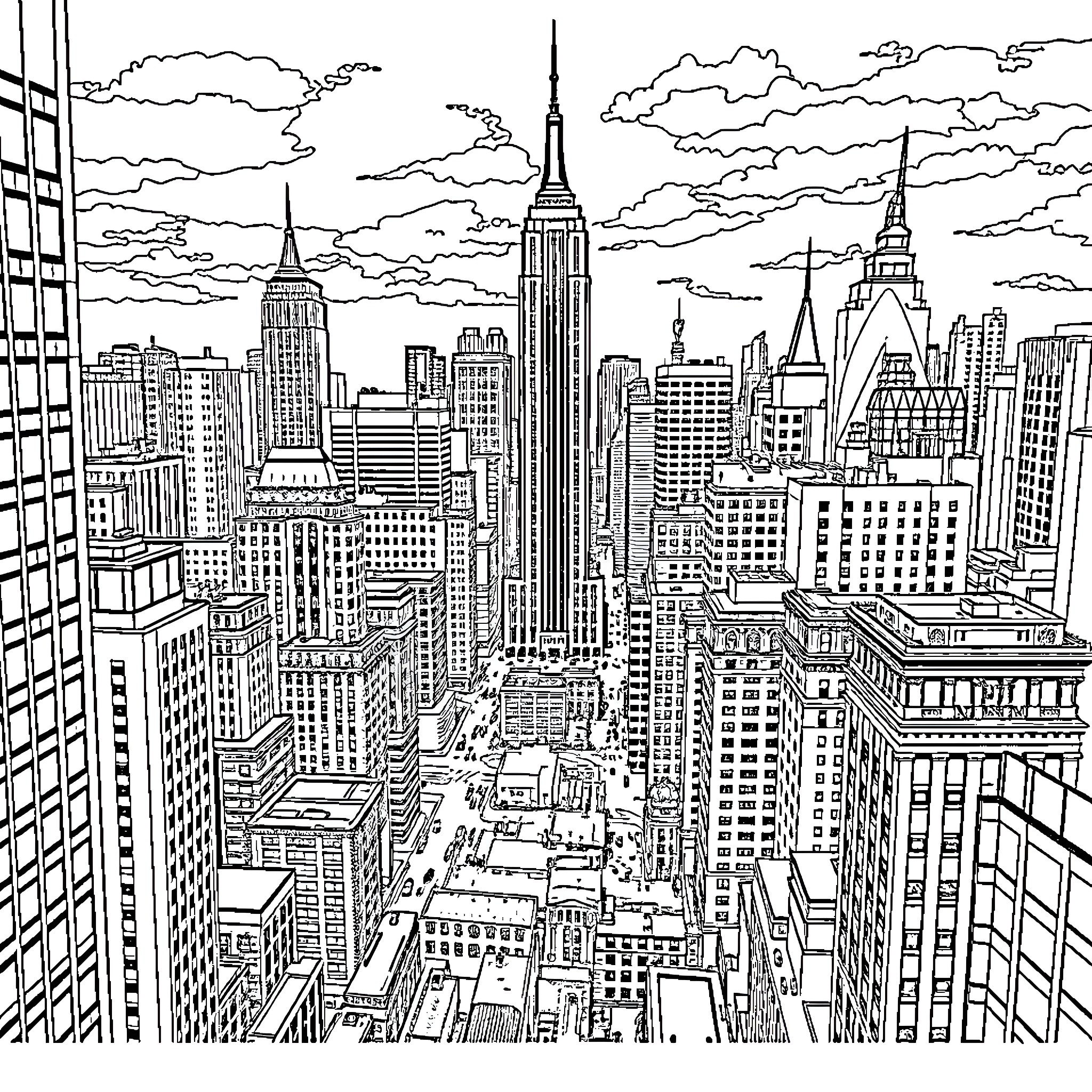 City skyline with iconic skyscrapers and urban landscape Coloring Page (free black-and-white line drawing printable PDF for all, from beginners to advanced learners, including children, teens, adults, and seniors)