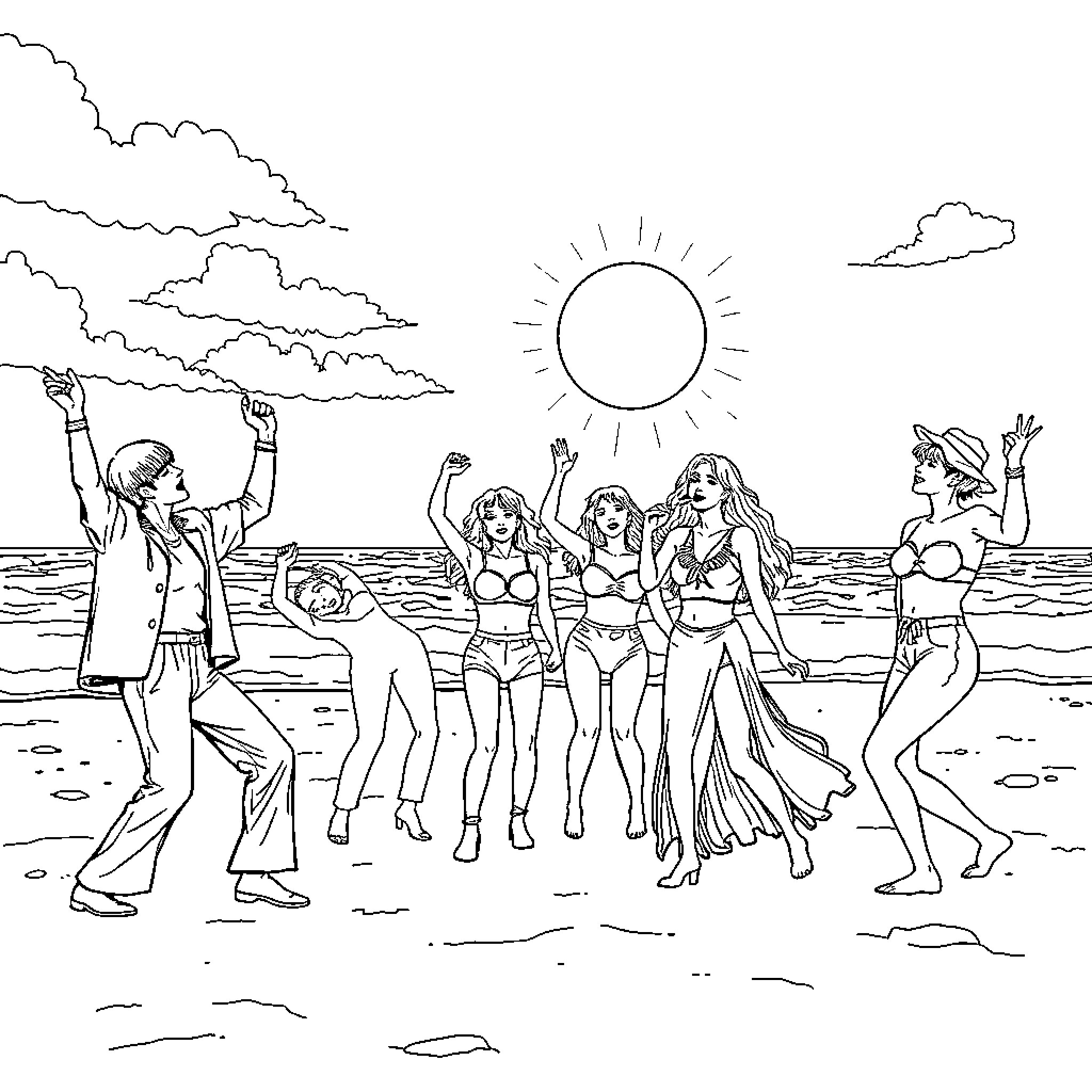 Kpop Group Performs at Beach Sunset Coloring Page (free black-and-white line drawing printable PDF for all, from beginners to advanced learners, including children, teens, adults, and seniors)