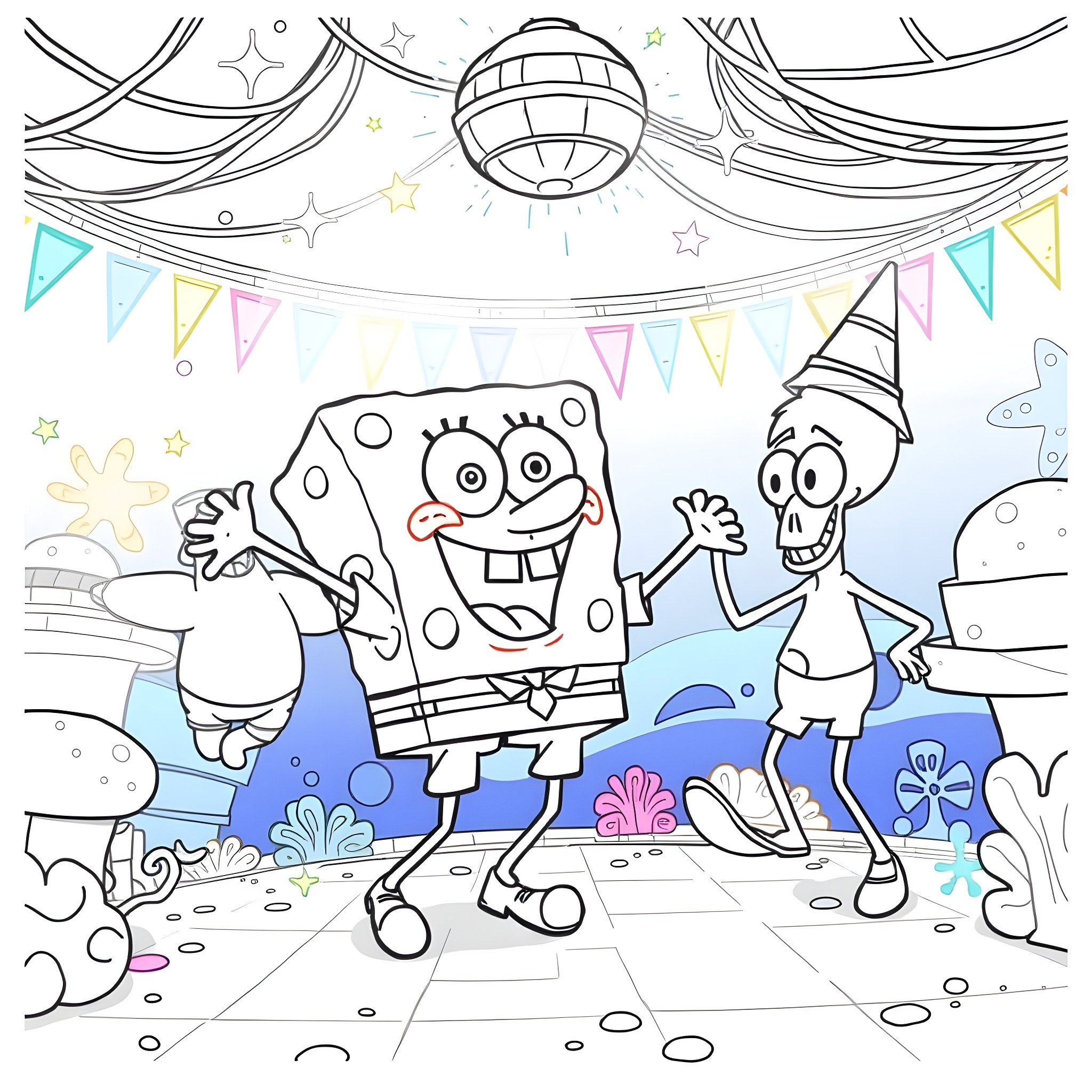 Spongebob and Patrick Celebrating at a Party Coloring Page (free black-and-white line drawing printable PDF for all, from beginners to advanced learners, including children, teens, adults, and seniors)