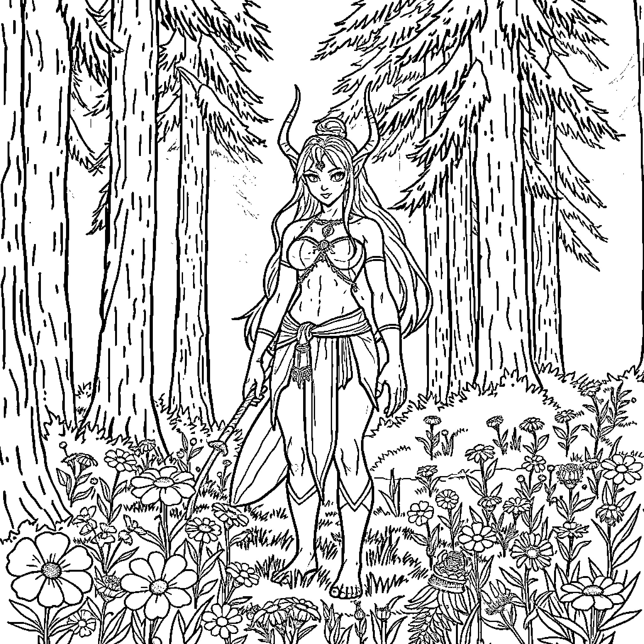 Orc warrior in mystic forest Coloring Page (free black-and-white line drawing printable PDF for all, from beginners to advanced learners, including children, teens, adults, and seniors)