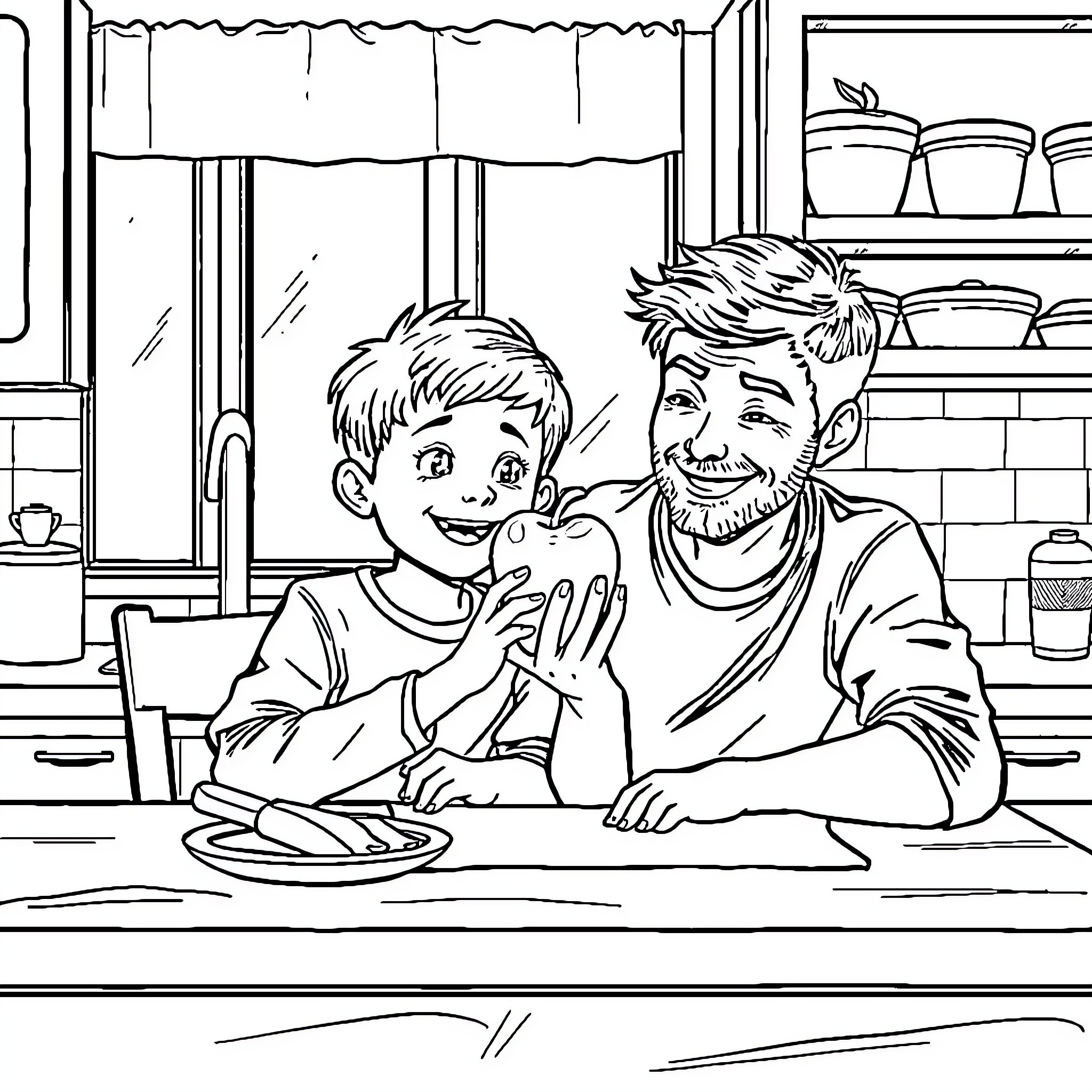Apple Father and Son Cooking Together in Kitchen Coloring Page (free black-and-white line drawing printable PDF for all, from beginners to advanced learners, including children, teens, adults, and seniors)