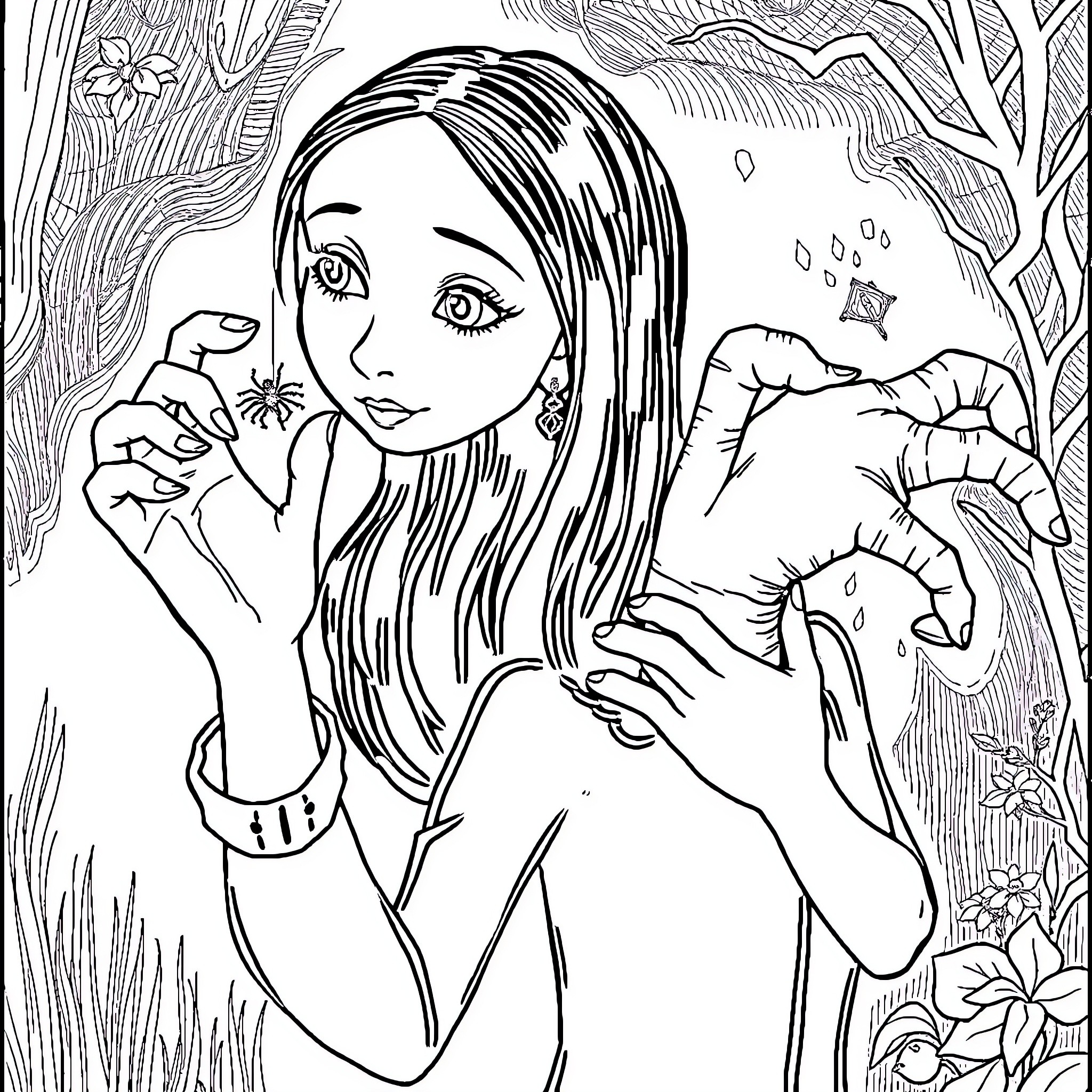 Wednesday Adams enjoying nature's wonders Coloring Page (free black-and-white line drawing printable PDF for all, from beginners to advanced learners, including children, teens, adults, and seniors)