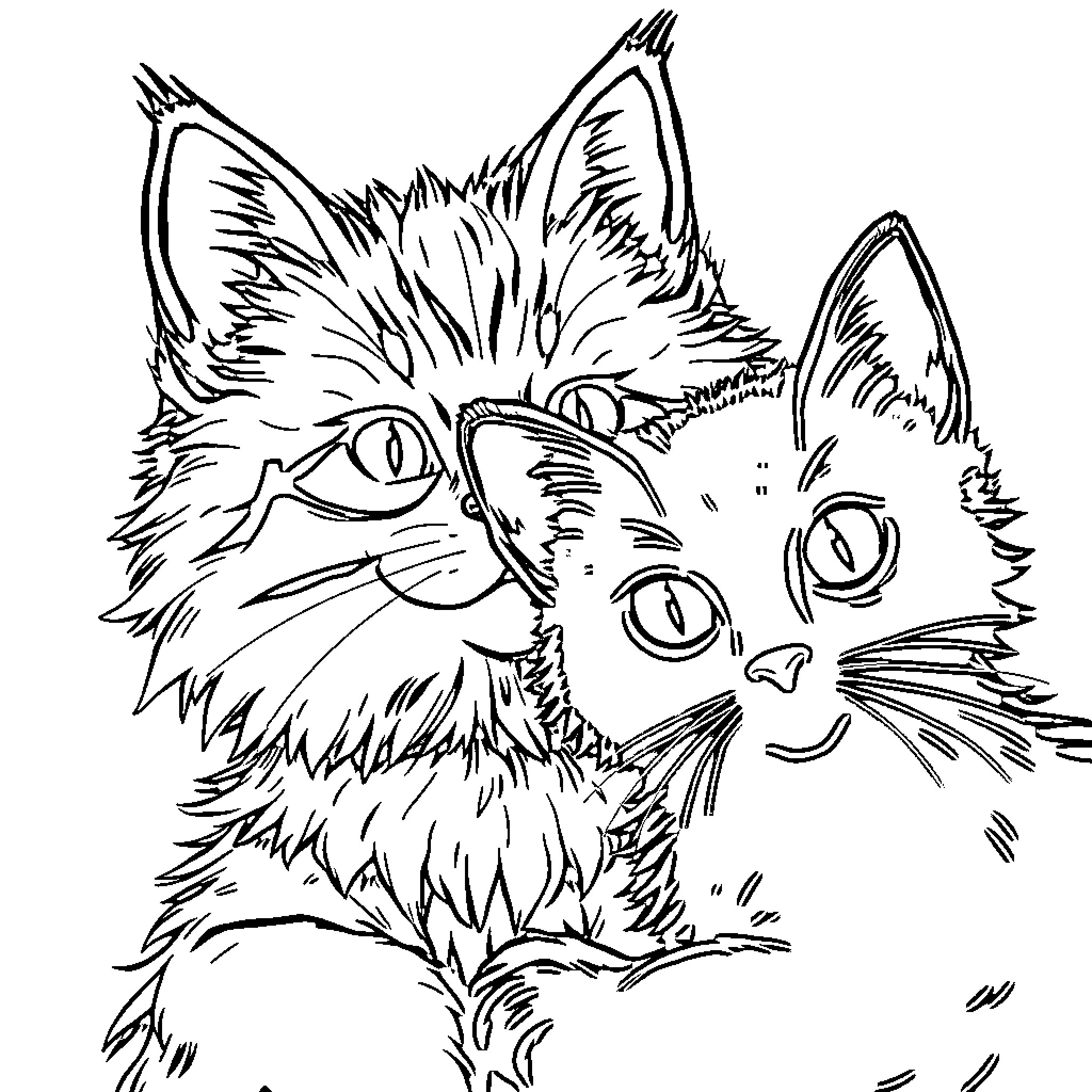 Pug-like cats playing with each other Coloring Page (free black-and-white line drawing printable PDF for all, from beginners to advanced learners, including children, teens, adults, and seniors)
