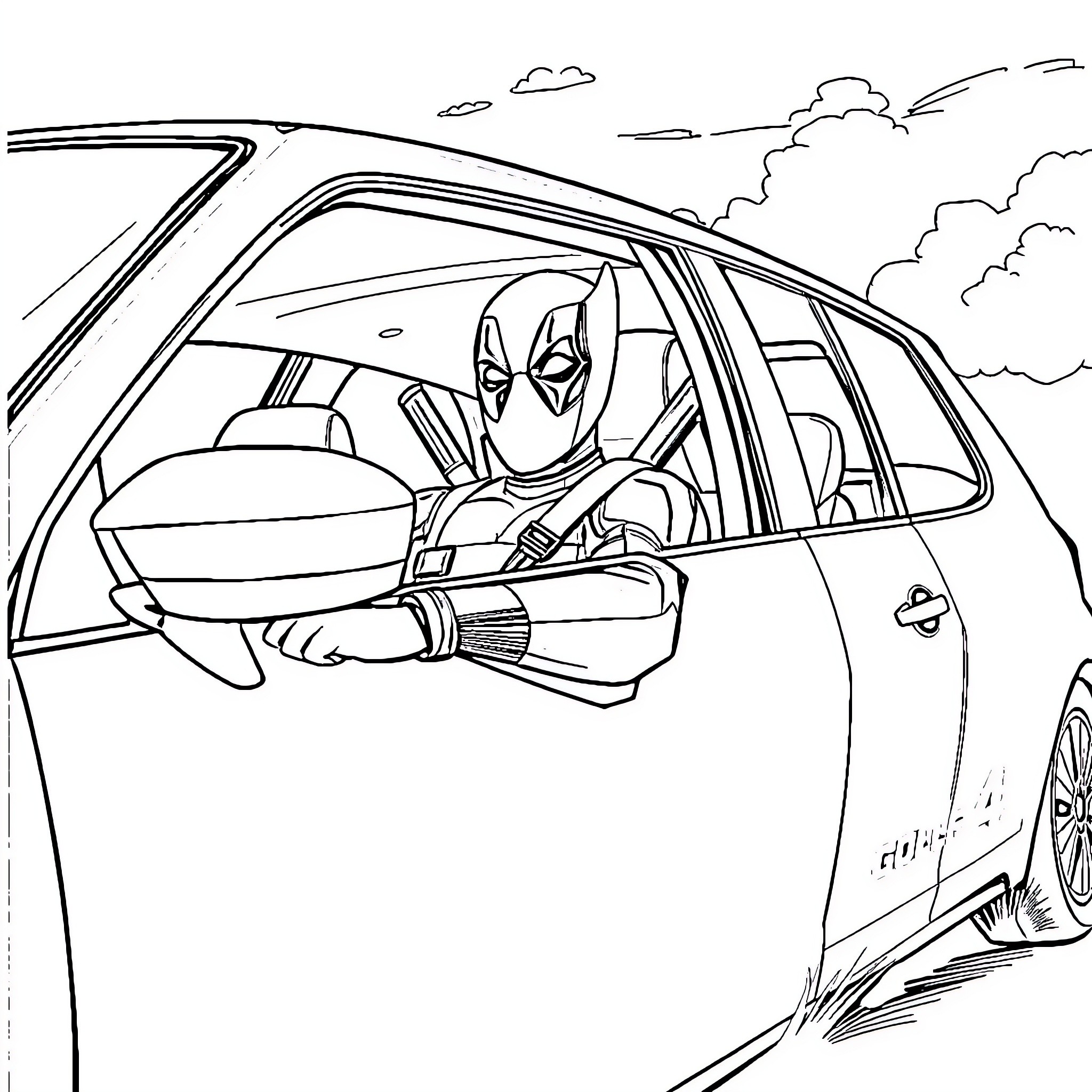 Deadpool driving recklessly on the road Coloring Page (free black-and-white line drawing printable PDF for all, from beginners to advanced learners, including children, teens, adults, and seniors)