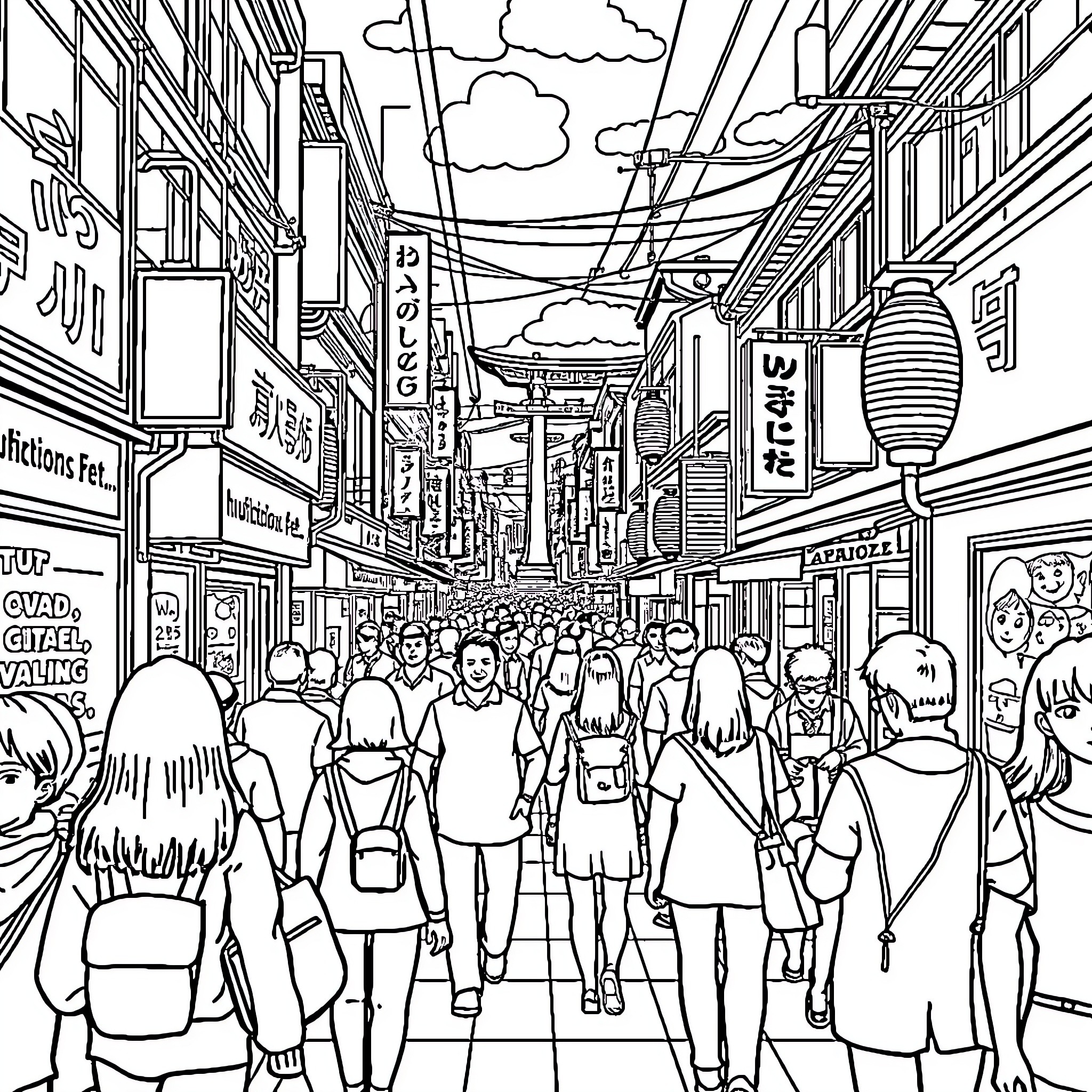 Waldo in the Bustling City Street Coloring Page (free black-and-white line drawing printable PDF for all, from beginners to advanced learners, including children, teens, adults, and seniors)