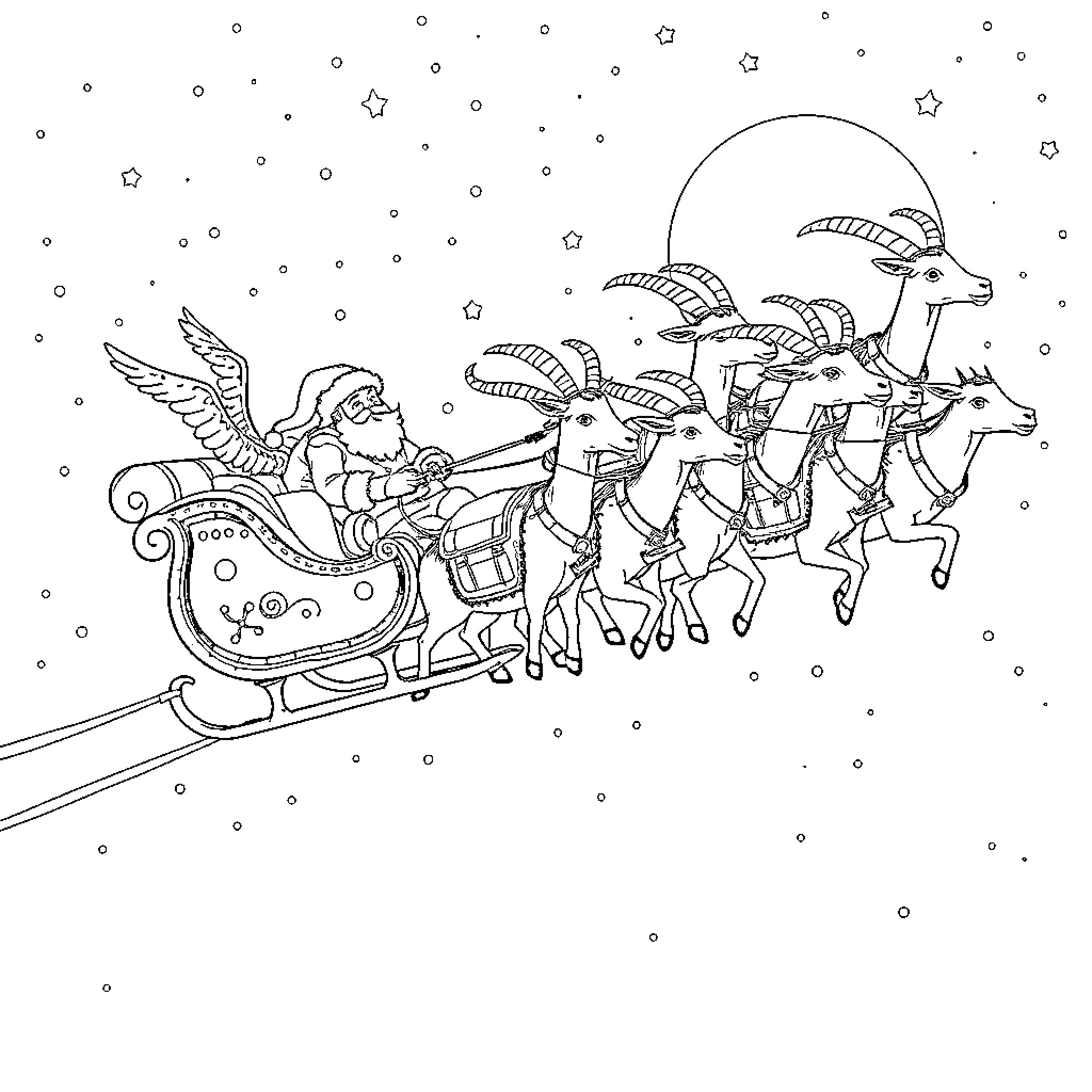 Santa riding sleigh with reindeer on a snowy night Coloring Page (free black-and-white line drawing printable PDF for all, from beginners to advanced learners, including children, teens, adults, and seniors)
