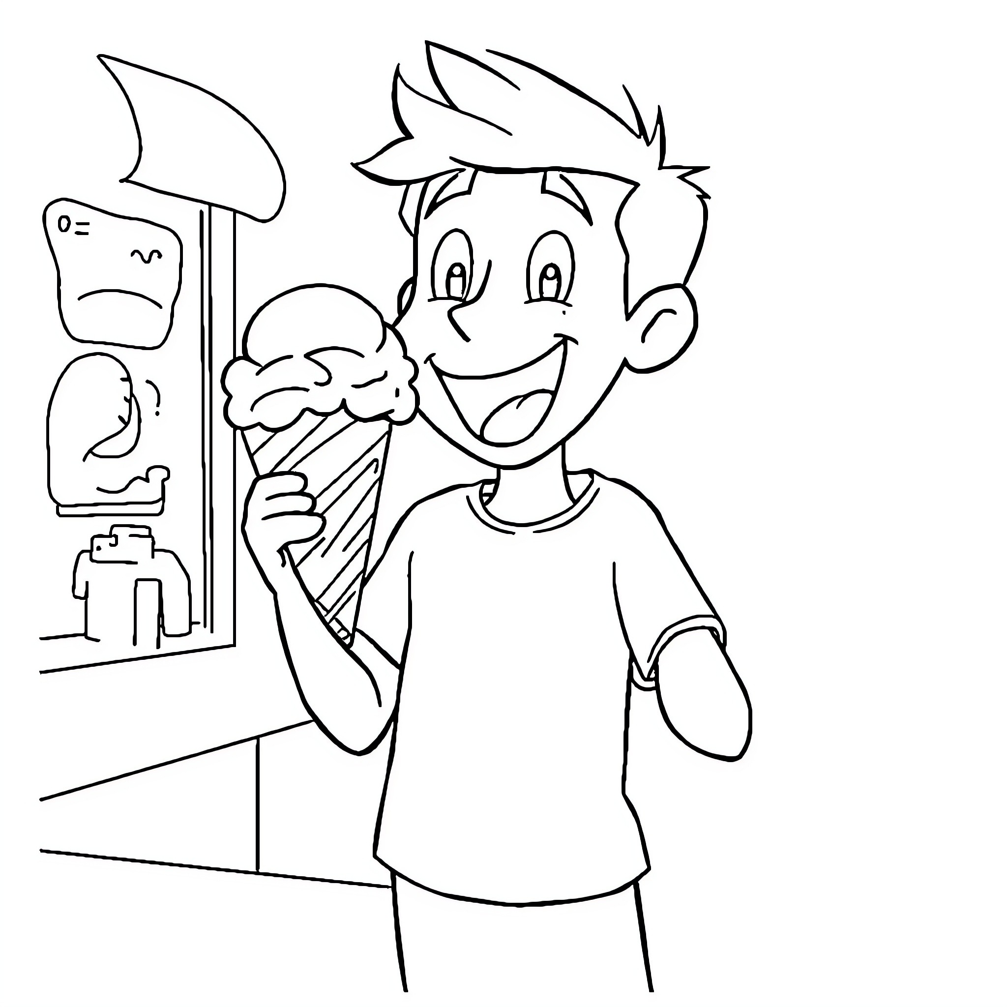 Ben Enjoying an Ice Cream Treat Coloring Page (free black-and-white line drawing printable PDF for all, from beginners to advanced learners, including children, teens, adults, and seniors)