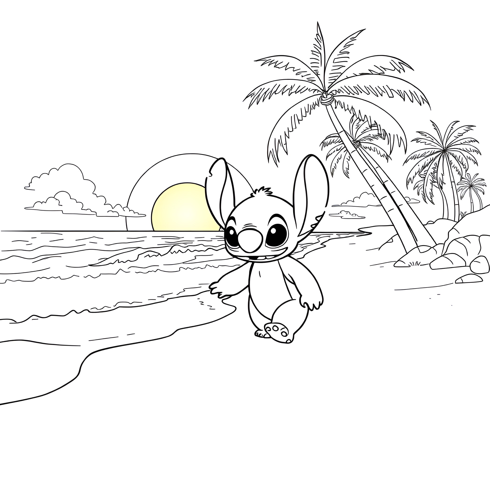 Stitch relaxing on the beach with palm trees Coloring Page (free black-and-white line drawing printable PDF for all, from beginners to advanced learners, including children, teens, adults, and seniors)
