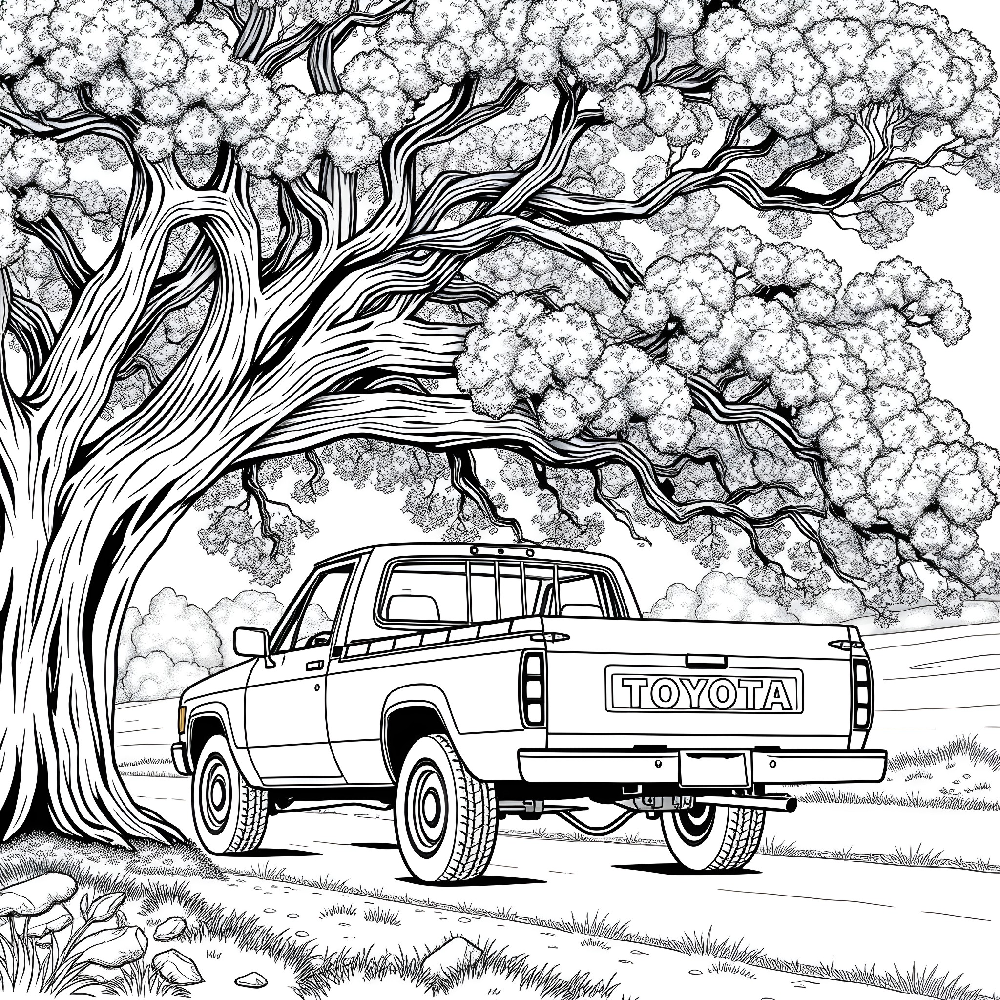 Toyota Pickup truck in serene nature scene Coloring Page (free black-and-white line drawing printable PDF for all, from beginners to advanced learners, including children, teens, adults, and seniors)