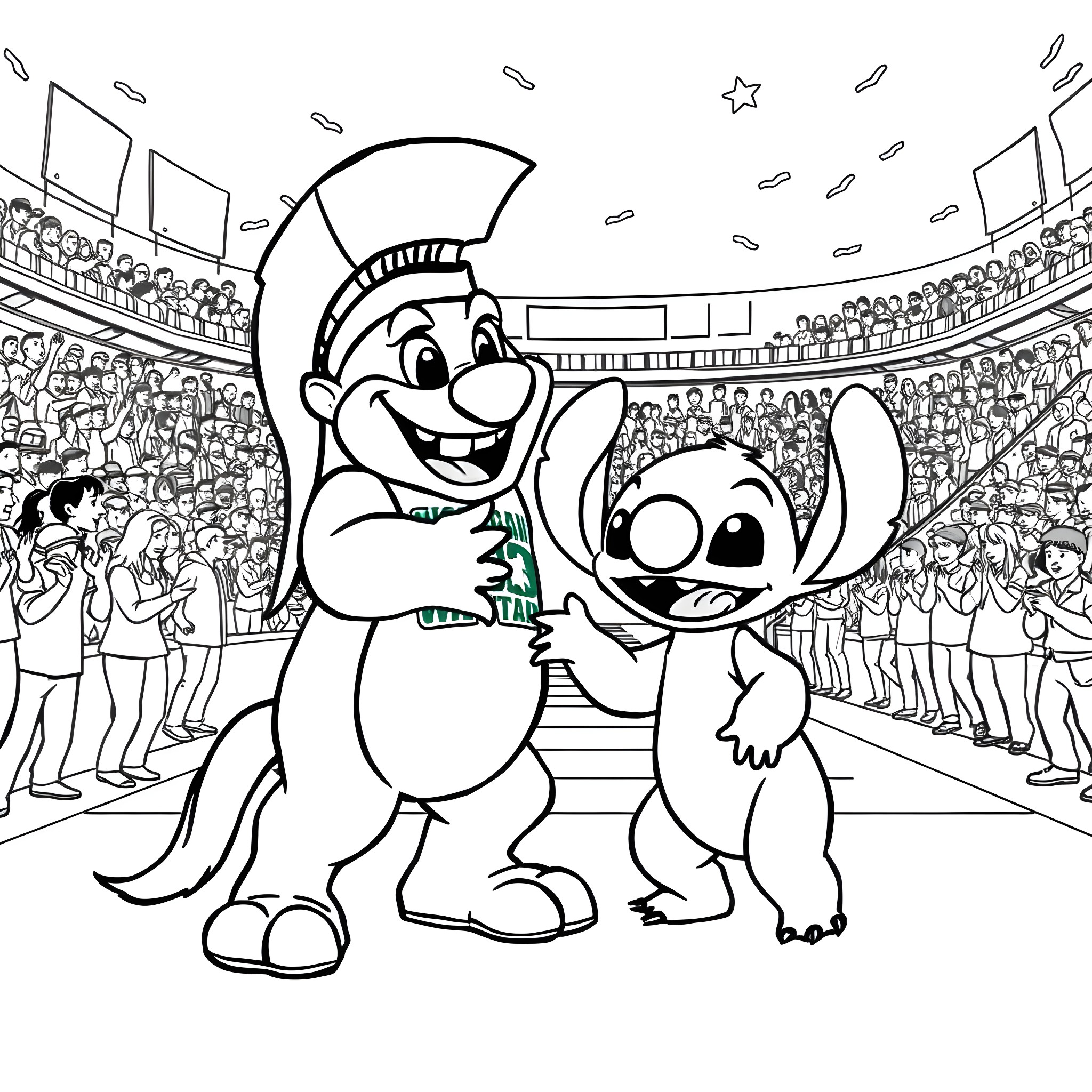 Sparty and Stitch Celebrating Victory in the Arena Coloring Page (free black-and-white line drawing printable PDF for all, from beginners to advanced learners, including children, teens, adults, and seniors)