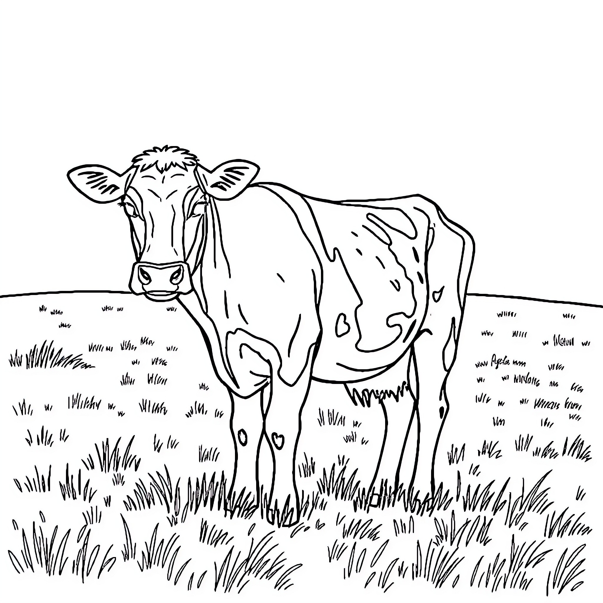 Cow standing calmly in a grassy field Coloring Page (free black-and-white line drawing printable PDF for all, from beginners to advanced learners, including children, teens, adults, and seniors)