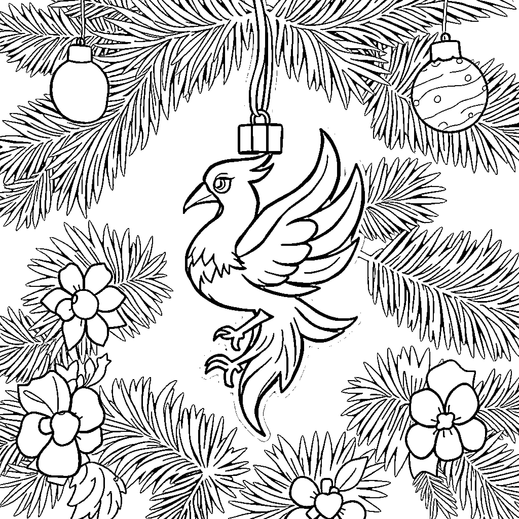 Phoenix ornament on a decorated Christmas tree Coloring Page (free black-and-white line drawing printable PDF for all, from beginners to advanced learners, including children, teens, adults, and seniors)