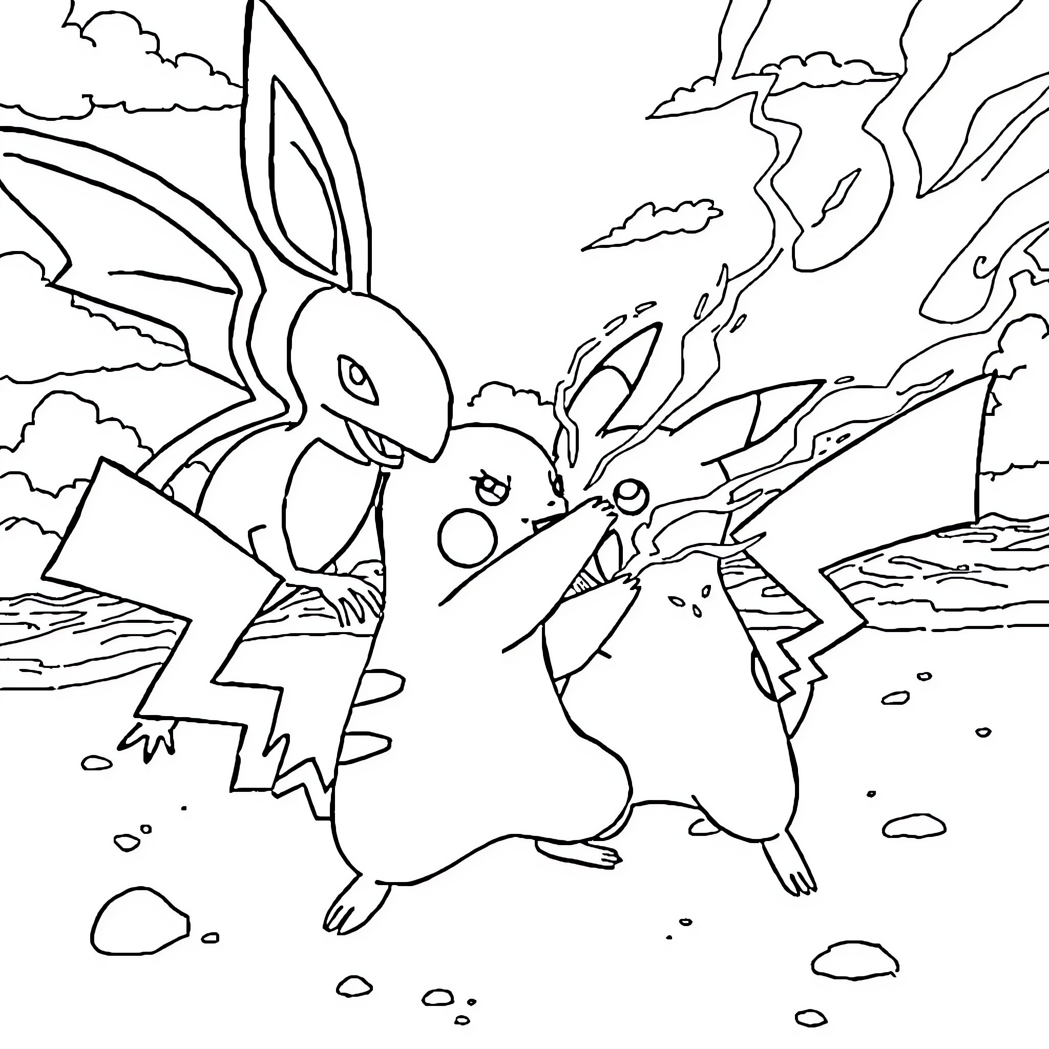 Pikachu and Buneary battling in a storm Coloring Page (free black-and-white line drawing printable PDF for all, from beginners to advanced learners, including children, teens, adults, and seniors)