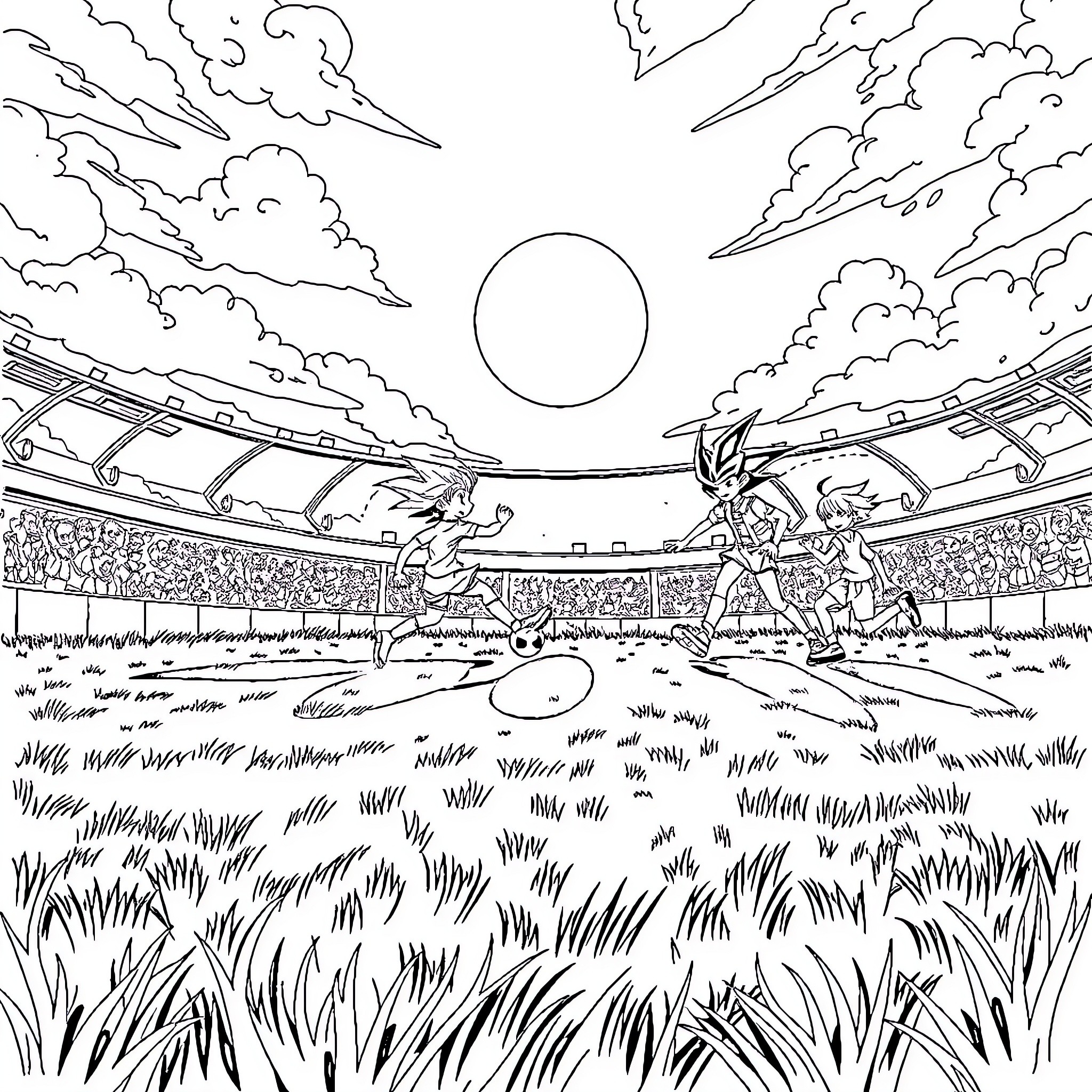 Yugioh Duel in the Stadium Arena Coloring Page (free black-and-white line drawing printable PDF for all, from beginners to advanced learners, including children, teens, adults, and seniors)