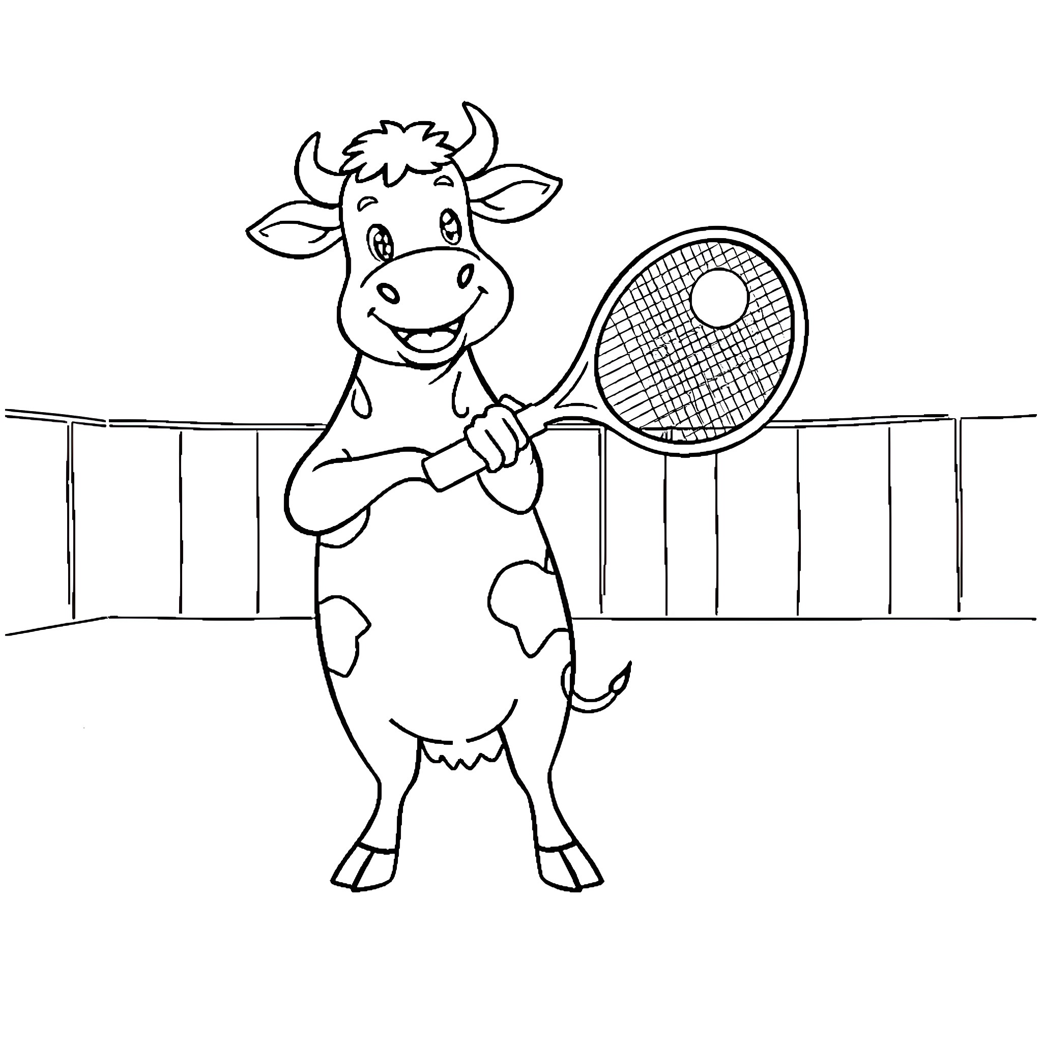 Cow playing tennis on the court Coloring Page (free black-and-white line drawing printable PDF for all, from beginners to advanced learners, including children, teens, adults, and seniors)